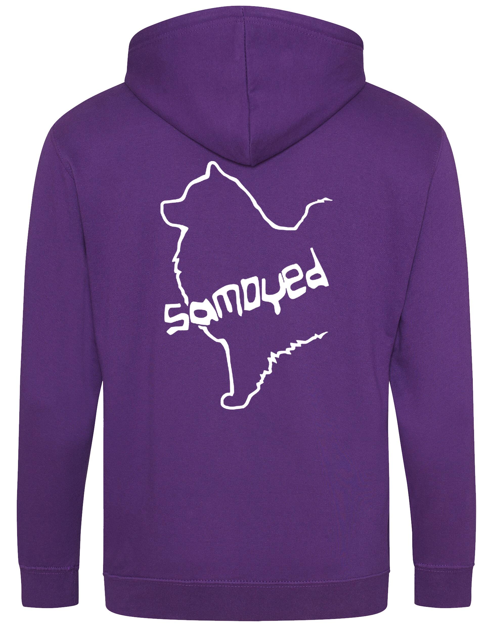 Samoyed Zipped Hoodie featuring exclusive breed artwork, soft fleece interior, heavy-blend fabric, full-zip front, double-fabric hood, spacious front pockets, and personalization options for breed enthusiasts.