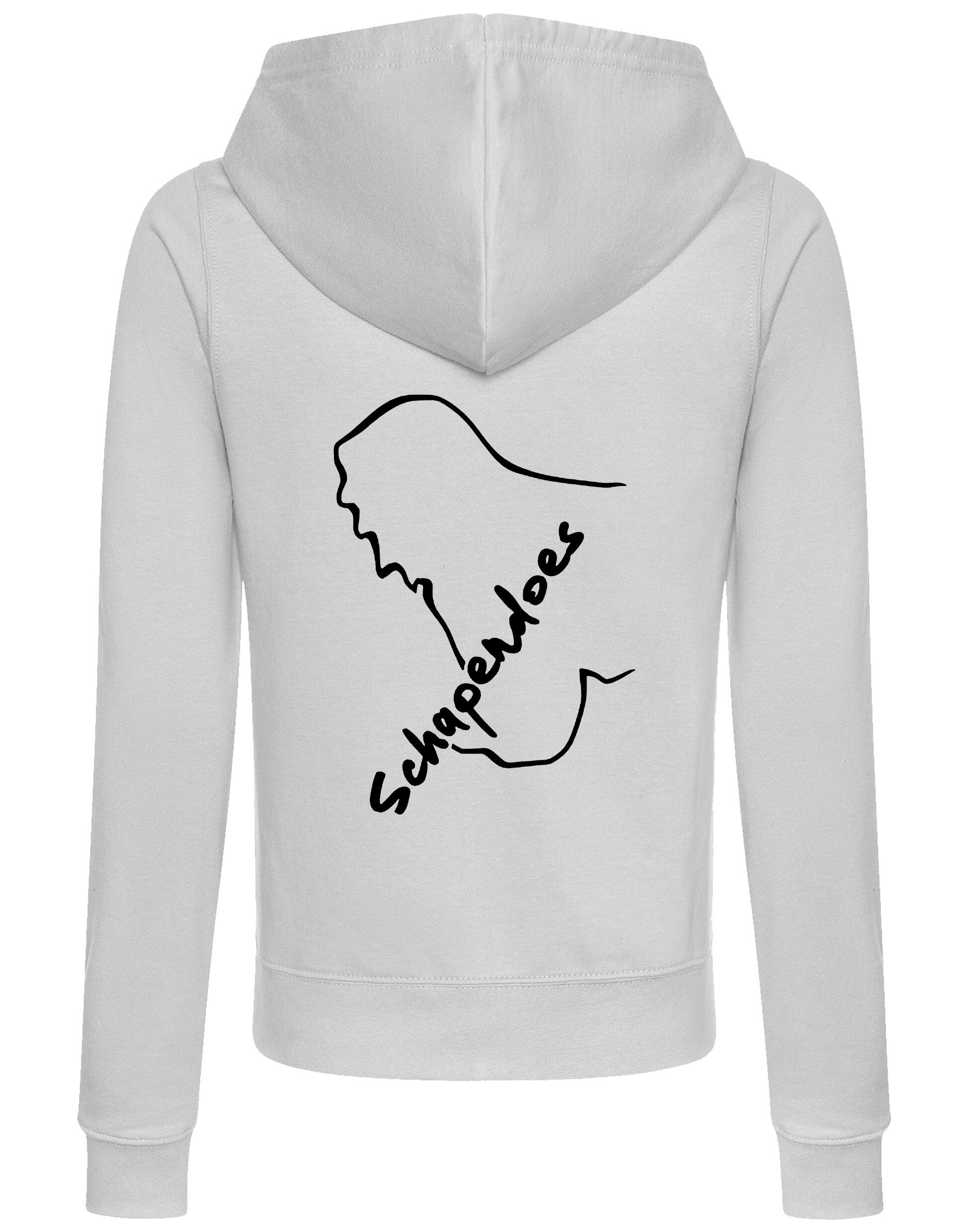 Schapendoes Women’s Zipped Hoodie featuring exclusive breed artwork, breathable fabric, full-zip closure, feminine fit, front pockets, and hood for stylish comfort and breed pride.
