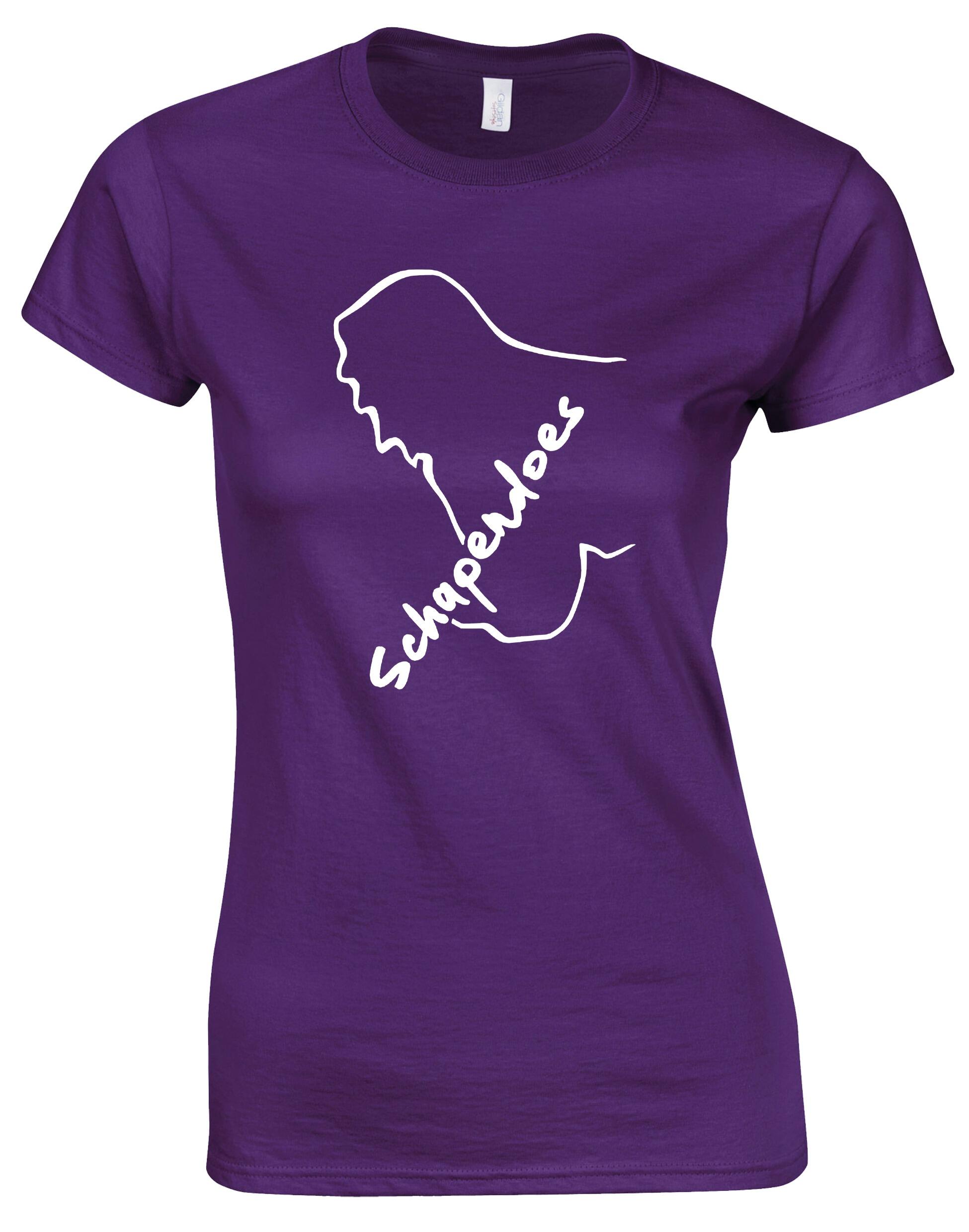 Female Roundneck T-shirt featuring exclusive Schapendoes artwork, soft breathable cotton fabric, tailored feminine fit, and classic round neckline – perfect for breed enthusiasts.