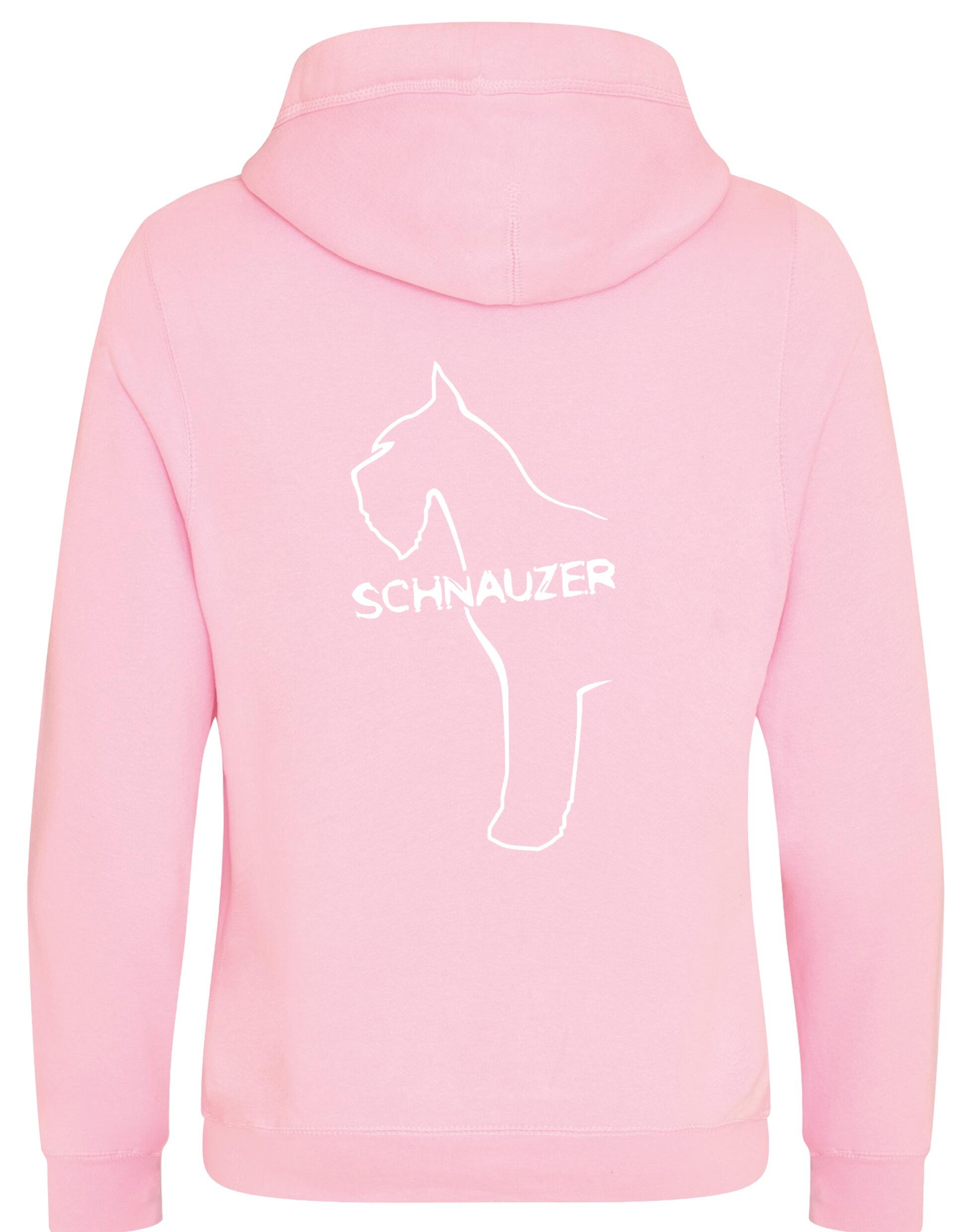 Schnauzer Unisex Crossneck Pullover Hoodie featuring exclusive breed artwork on the back, kangaroo pocket, ribbed cuffs, and brushed fleece lining for extra warmth and comfort. Ideal for Schnauzer enthusiasts and outdoor activities.