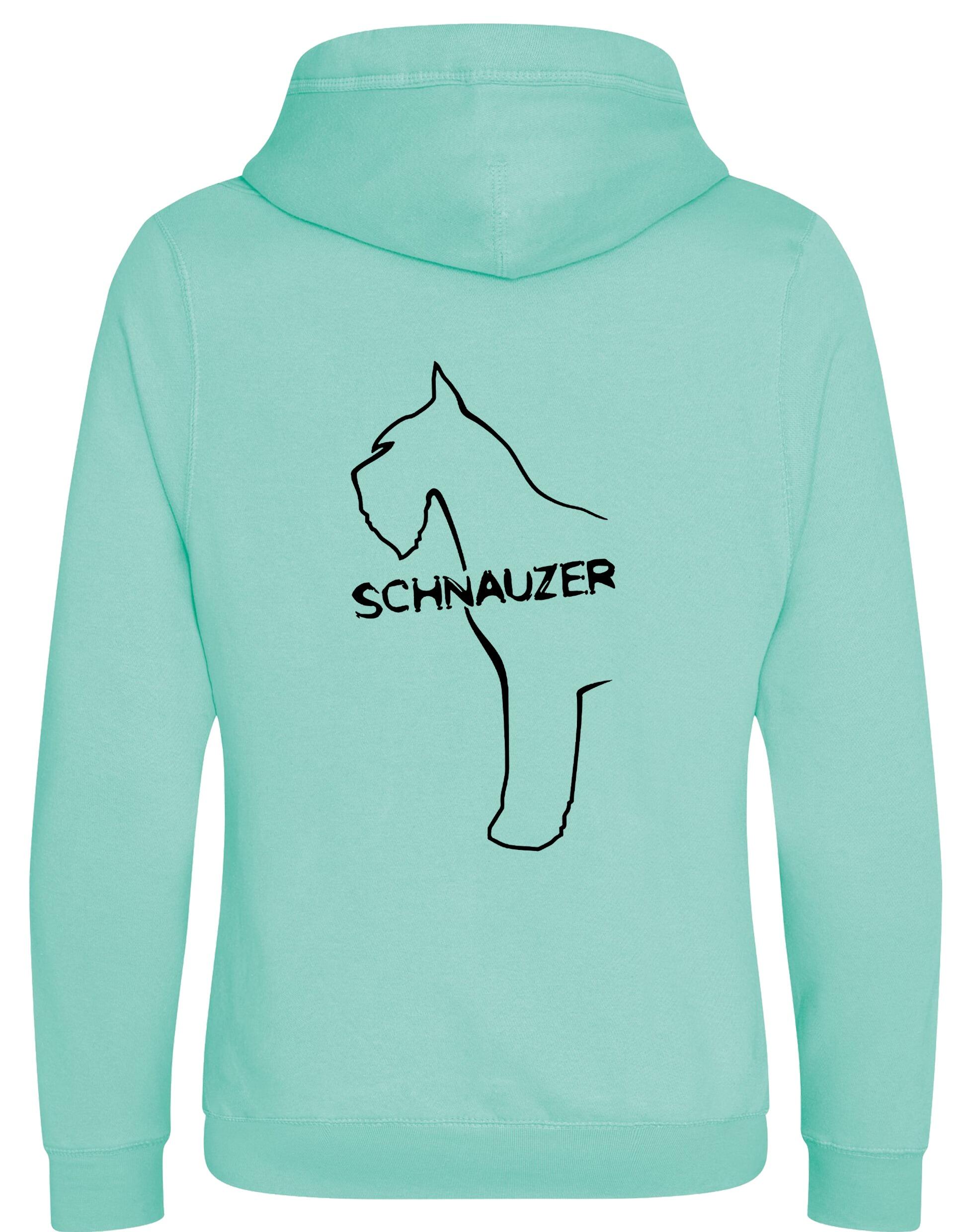 Schnauzer Unisex Crossneck Pullover Hoodie featuring exclusive breed artwork on the back, kangaroo pocket, ribbed cuffs, and brushed fleece lining for extra warmth and comfort. Ideal for Schnauzer enthusiasts and outdoor activities.