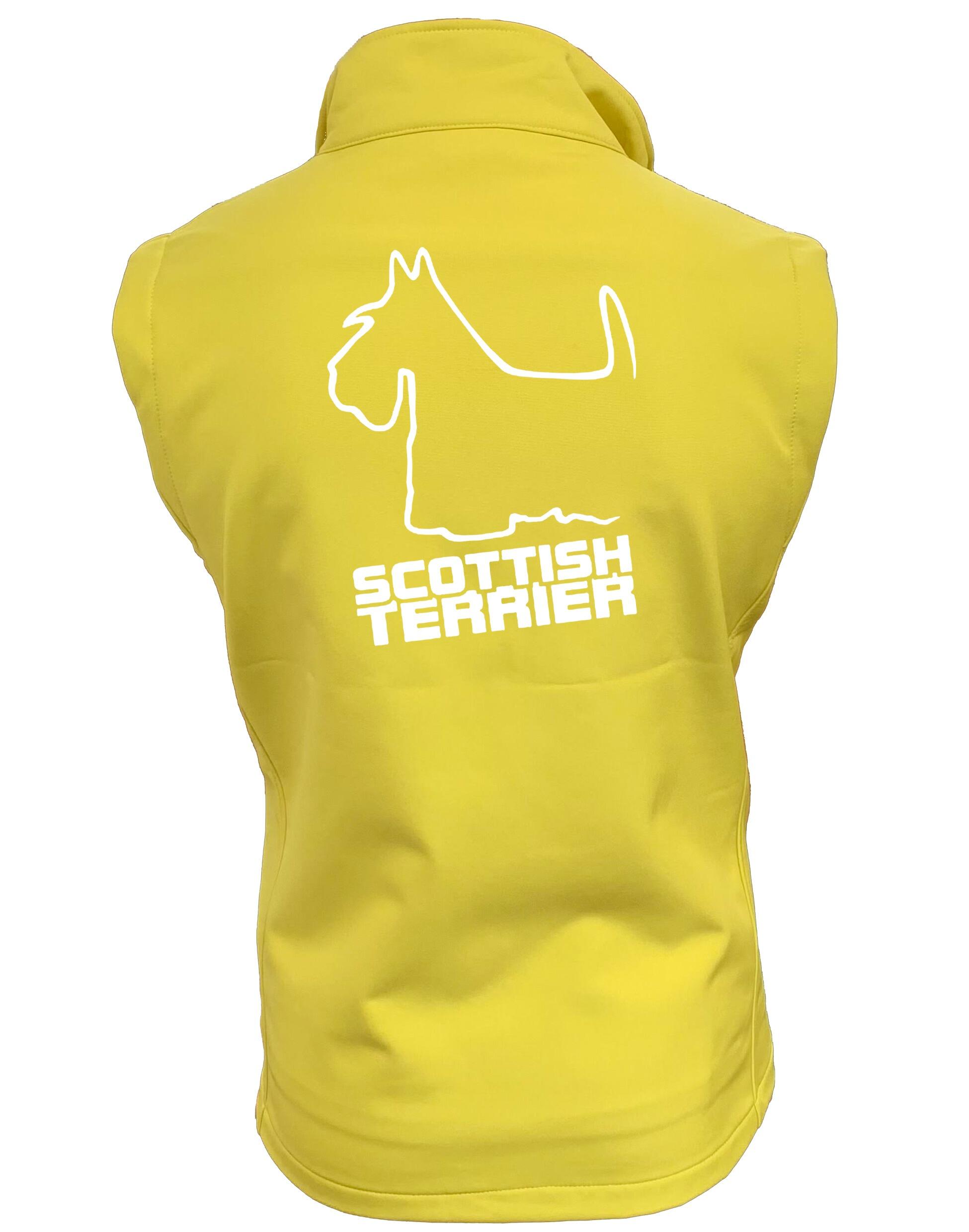 Scottish Terrier Unisex Softshell Gilet with breed artwork, water-resistant fabric, fleece lining, and unisex fit.