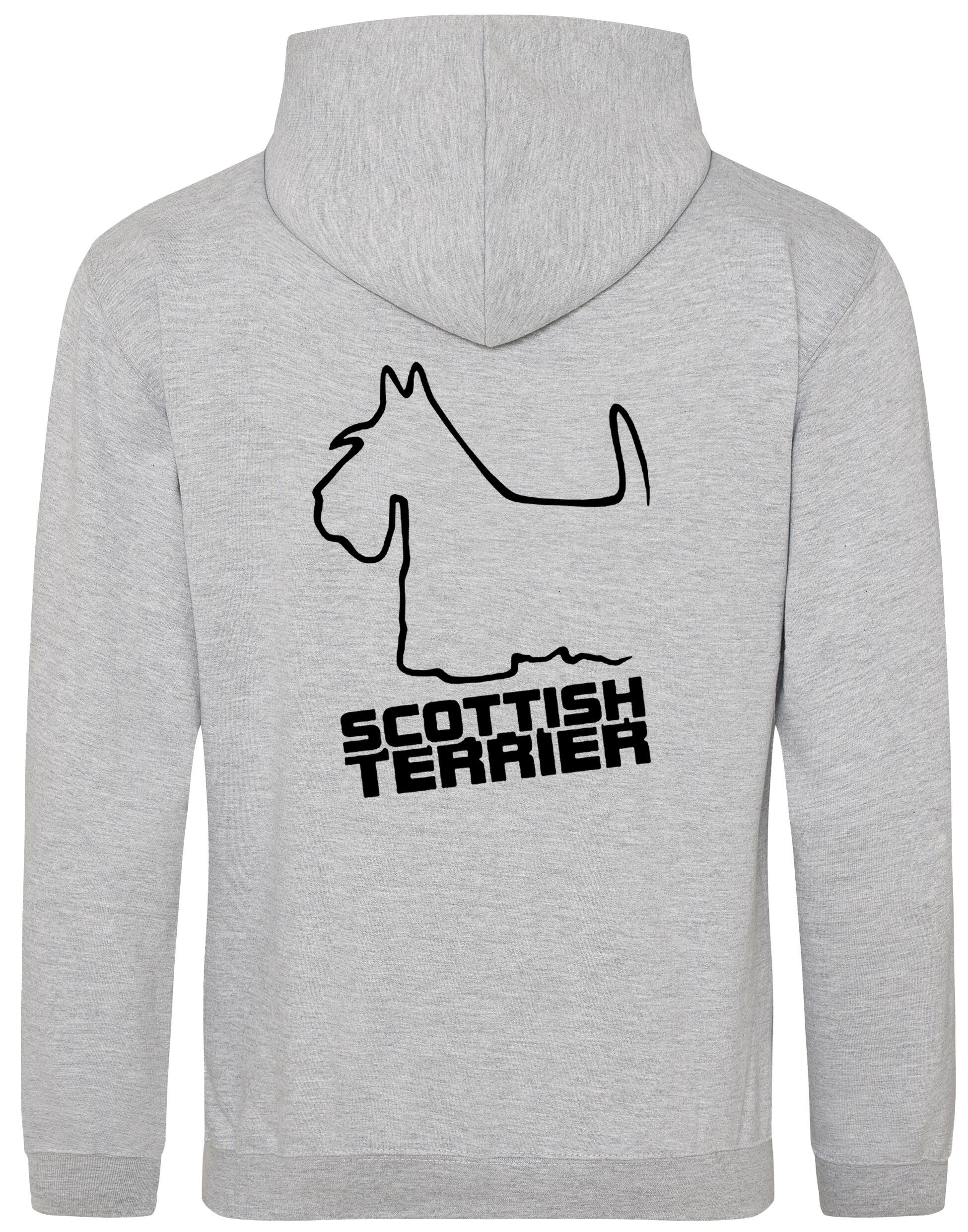 Scottish Terrier Design Pullover Hoodie with exclusive artwork, heavy-blend fabric, double-fabric hood, and paw print detail.