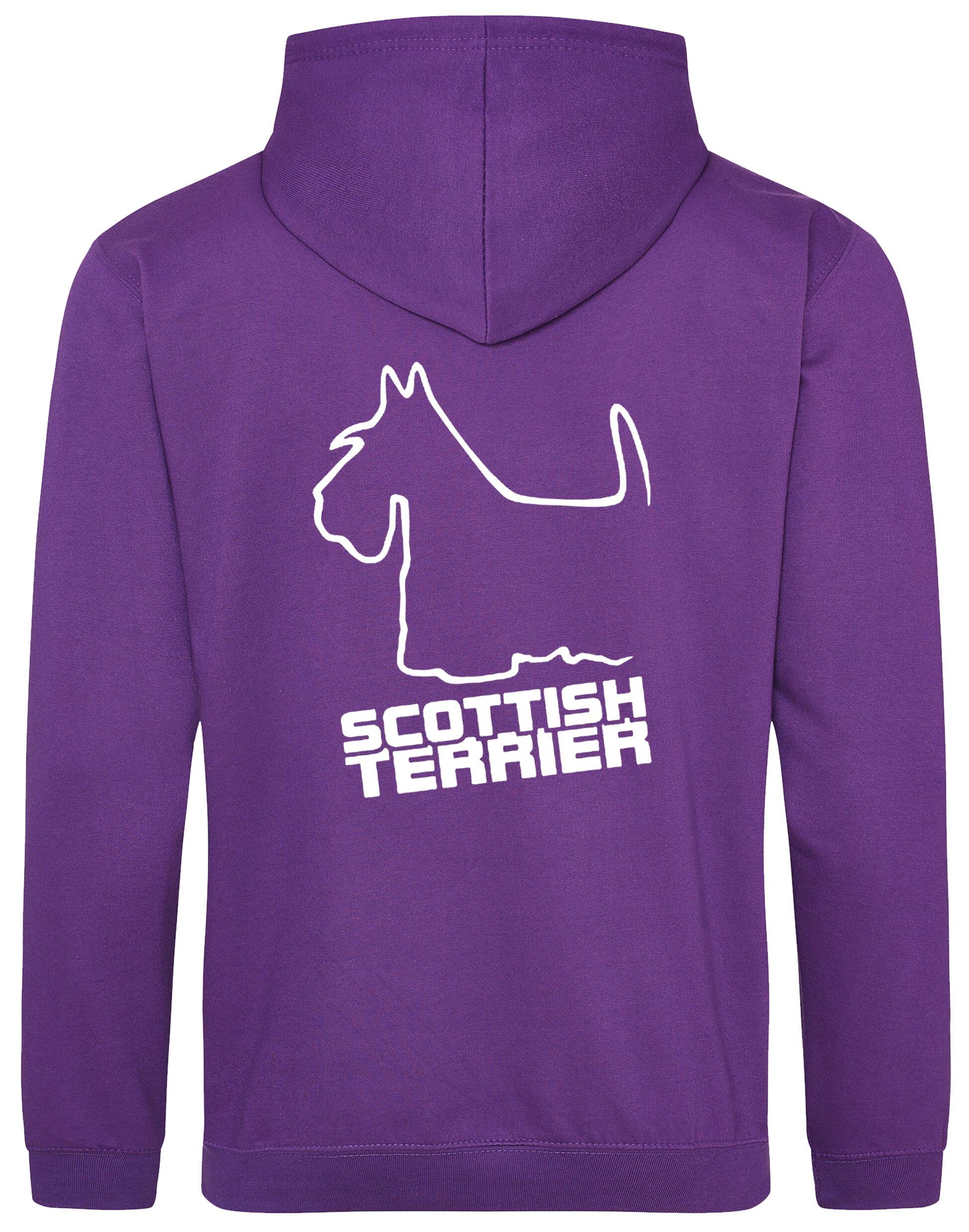Scottish Terrier Design Pullover Hoodie with exclusive artwork, heavy-blend fabric, double-fabric hood, and paw print detail.