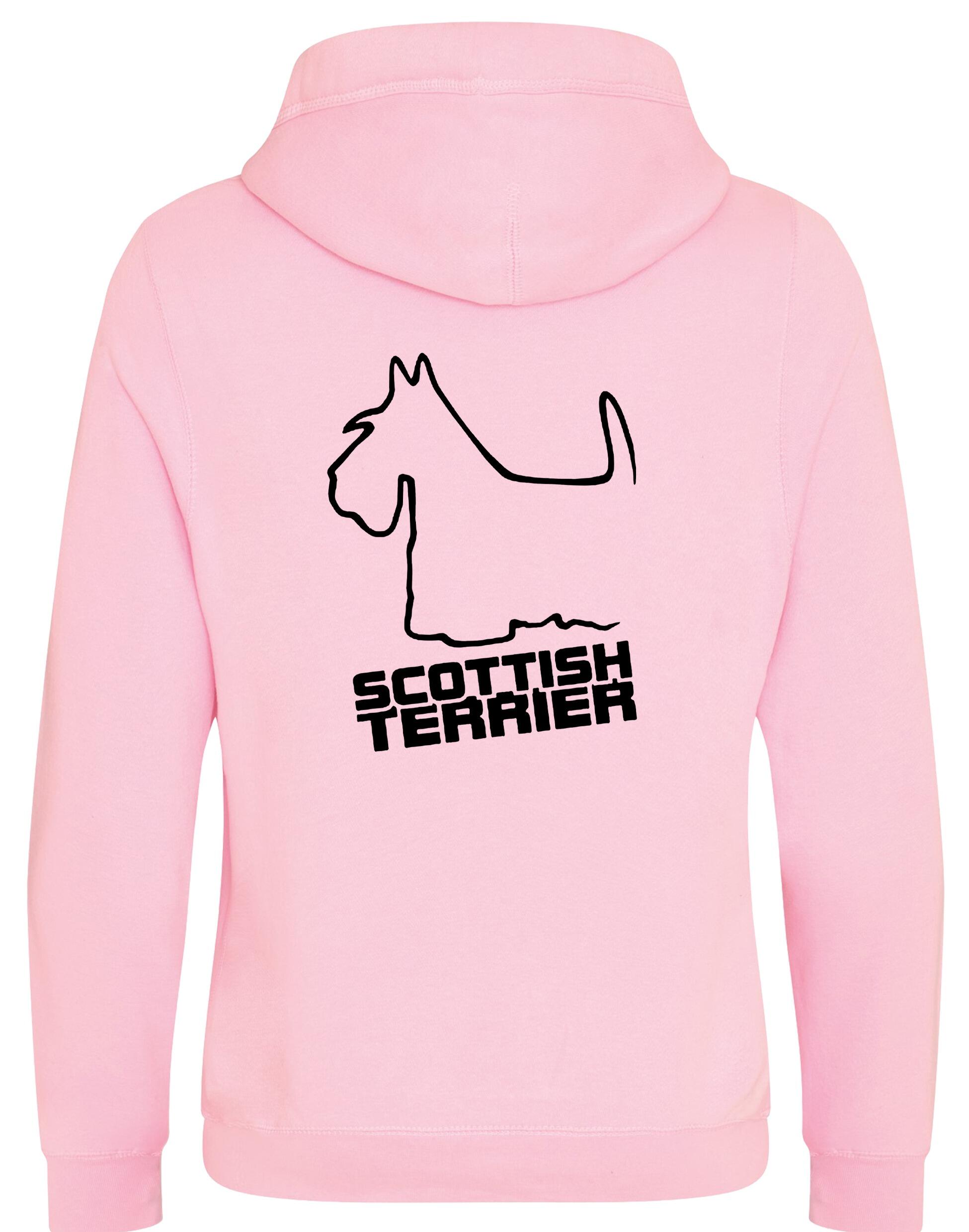 Scottish Terrier Crossneck Pullover Hoodie with exclusive breed artwork, modern crossneck design, brushed fleece lining, and kangaroo pocket.