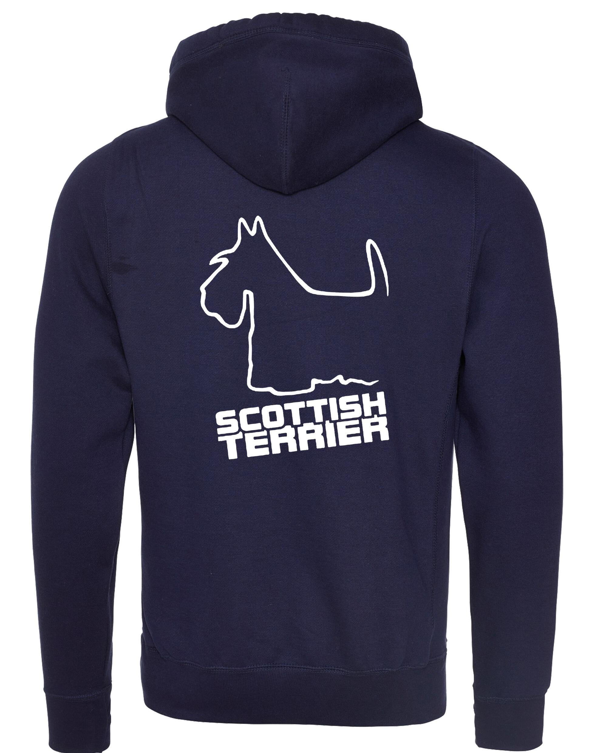 Scottish Terrier Crossneck Pullover Hoodie with exclusive breed artwork, modern crossneck design, brushed fleece lining, and kangaroo pocket.
