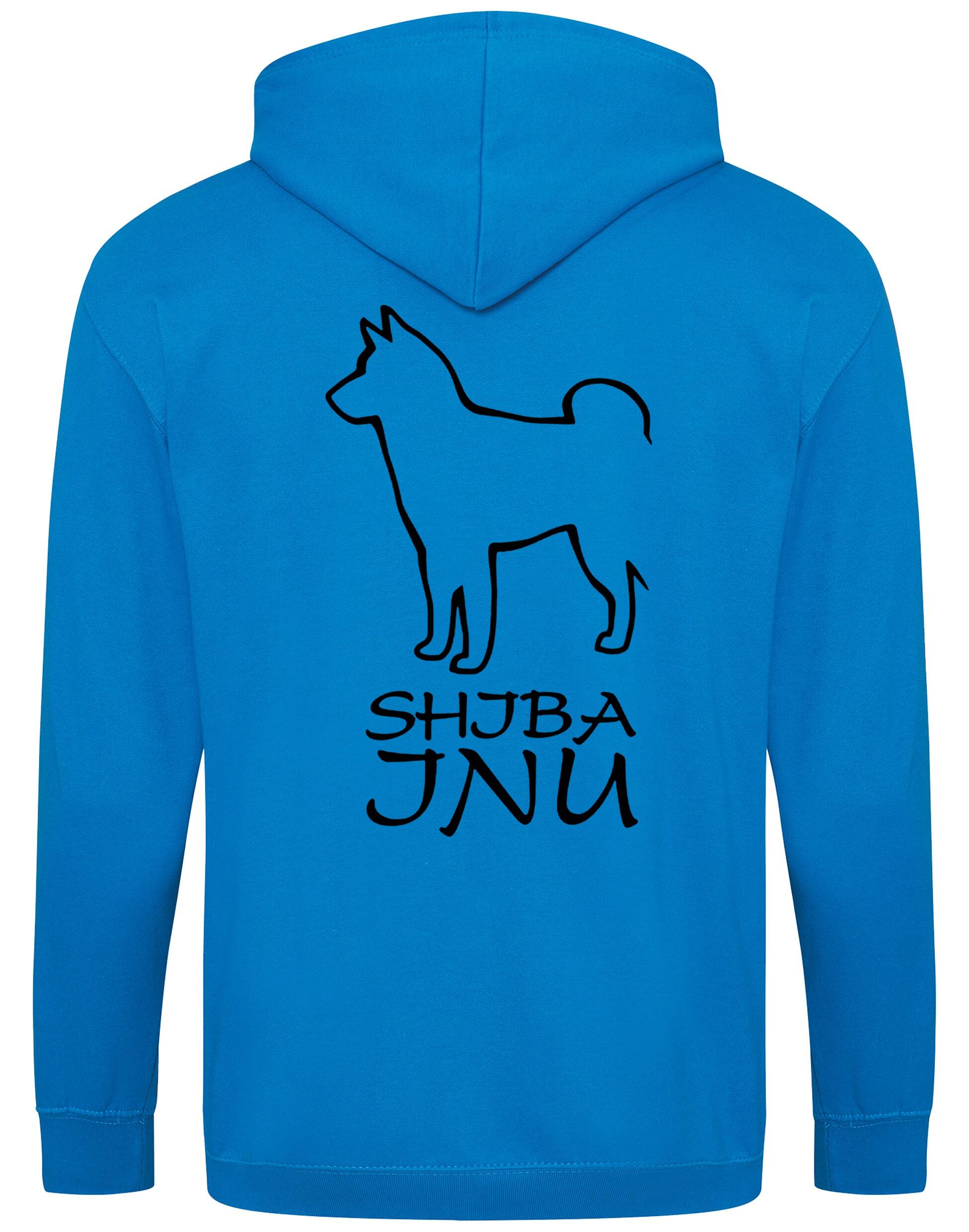 Unisex zipped hoodie featuring exclusive Shiba Inu artwork on the back, paw prints on the front, full-length zip, cozy brushed fleece lining, and front pockets – ideal for breed enthusiasts.