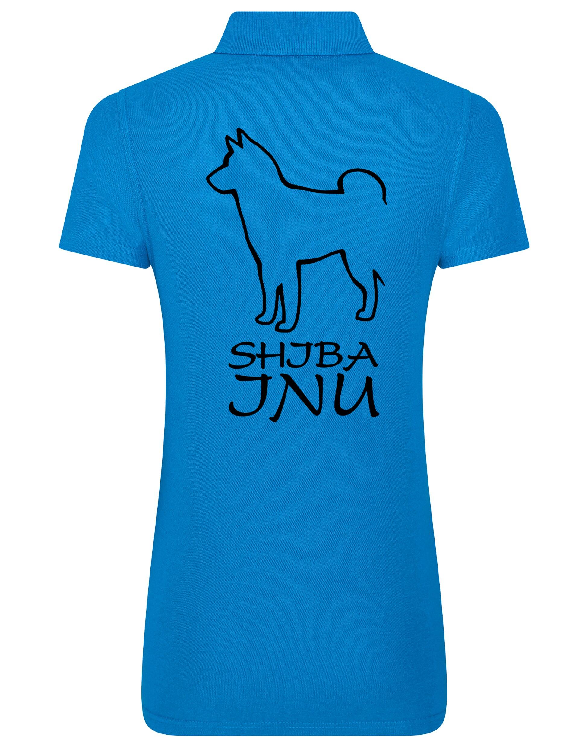 Women's cotton polo shirt featuring exclusive Shiba Inu artwork on the back, designed with a flattering feminine fit and breathable fabric, ideal for casual outings and breed events.