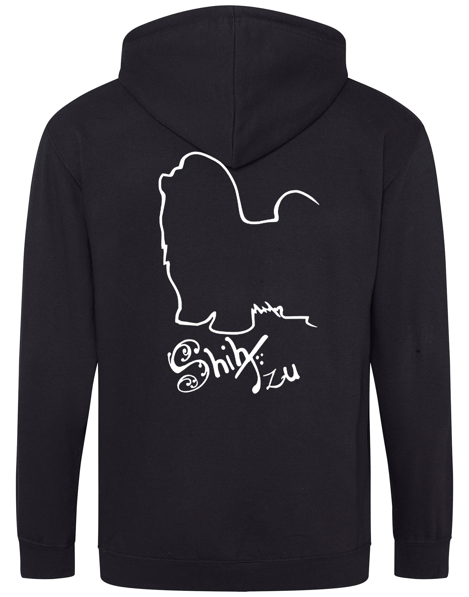 Shih Tzu zipped hoodie with paw prints on the front and detailed breed design on the back, full-zip style with hood and pockets, perfect for breed lovers.