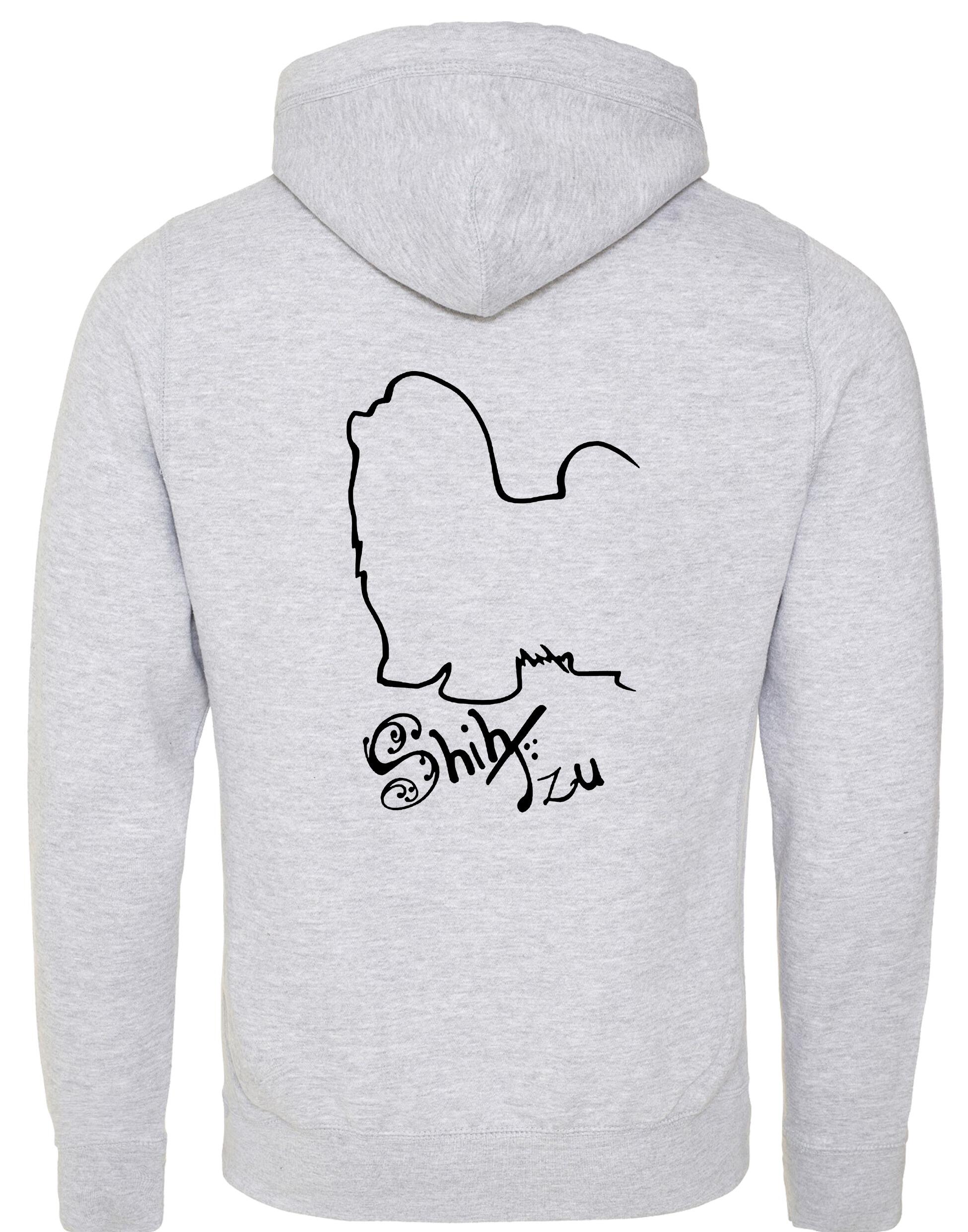 Unisex Shih Tzu crossneck hoodie with fleece lining and detailed breed design on the back, featuring kangaroo pocket and modern collar style.