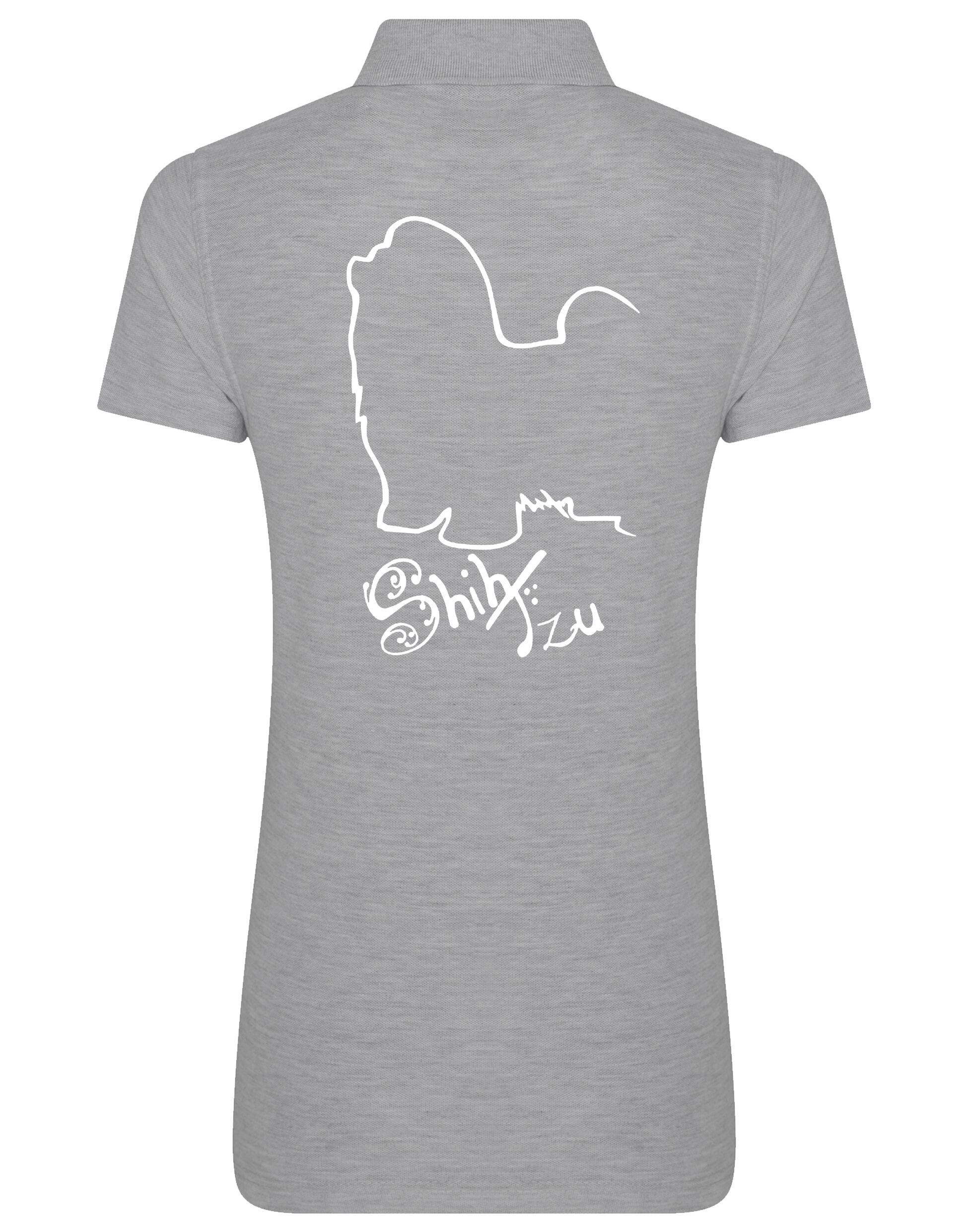 Women’s cotton polo shirt featuring exclusive Shih Tzu artwork on the back, with a flattering feminine fit, breathable fabric, and classic collar—ideal for casual wear or dog events.
