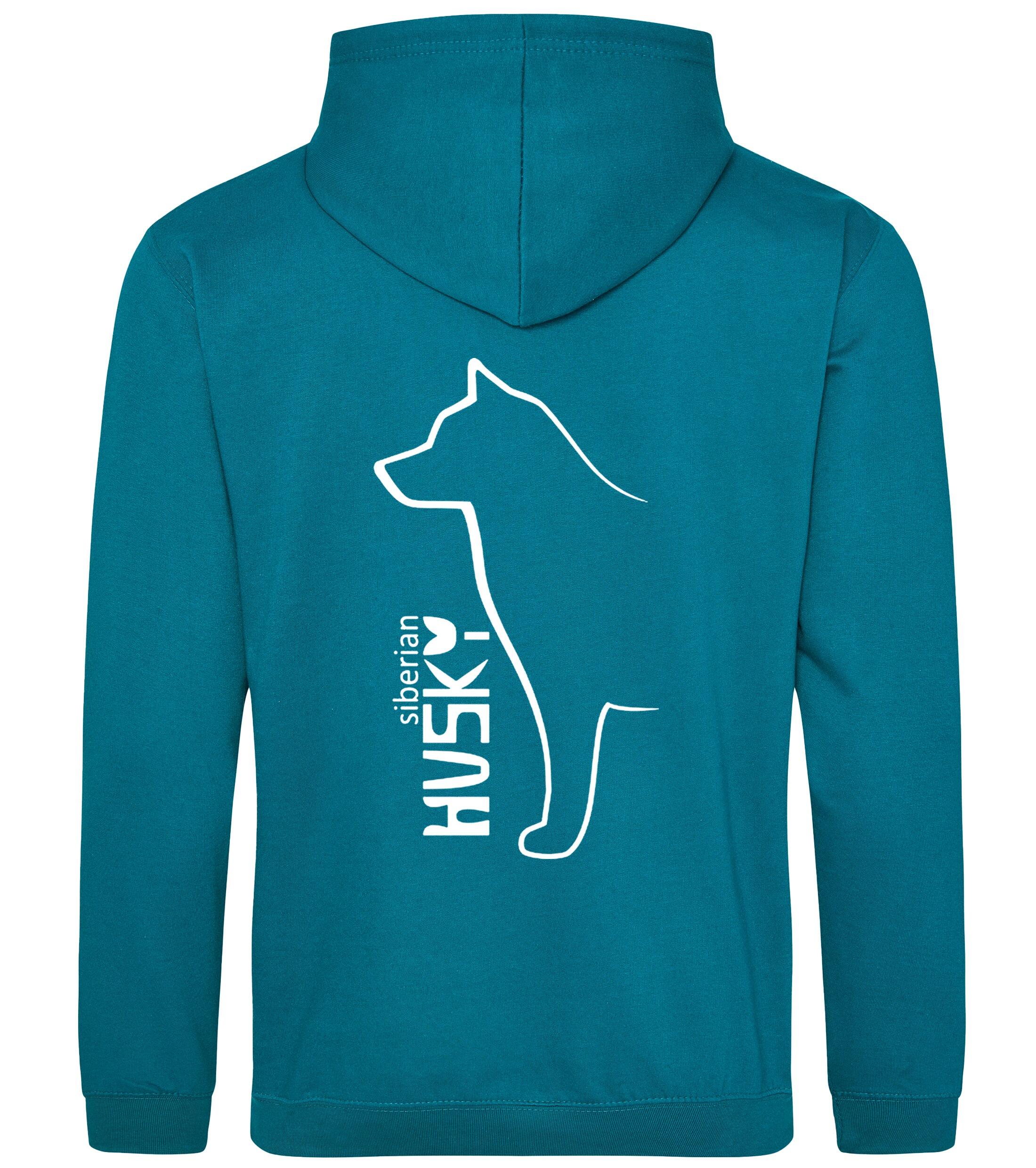 Unisex pullover hoodie featuring a detailed Siberian Husky design on the back with paw prints on the front, brushed fleece interior, double-fabric hood, and kangaroo pocket – ideal for dog walks, events, or lounging in style.