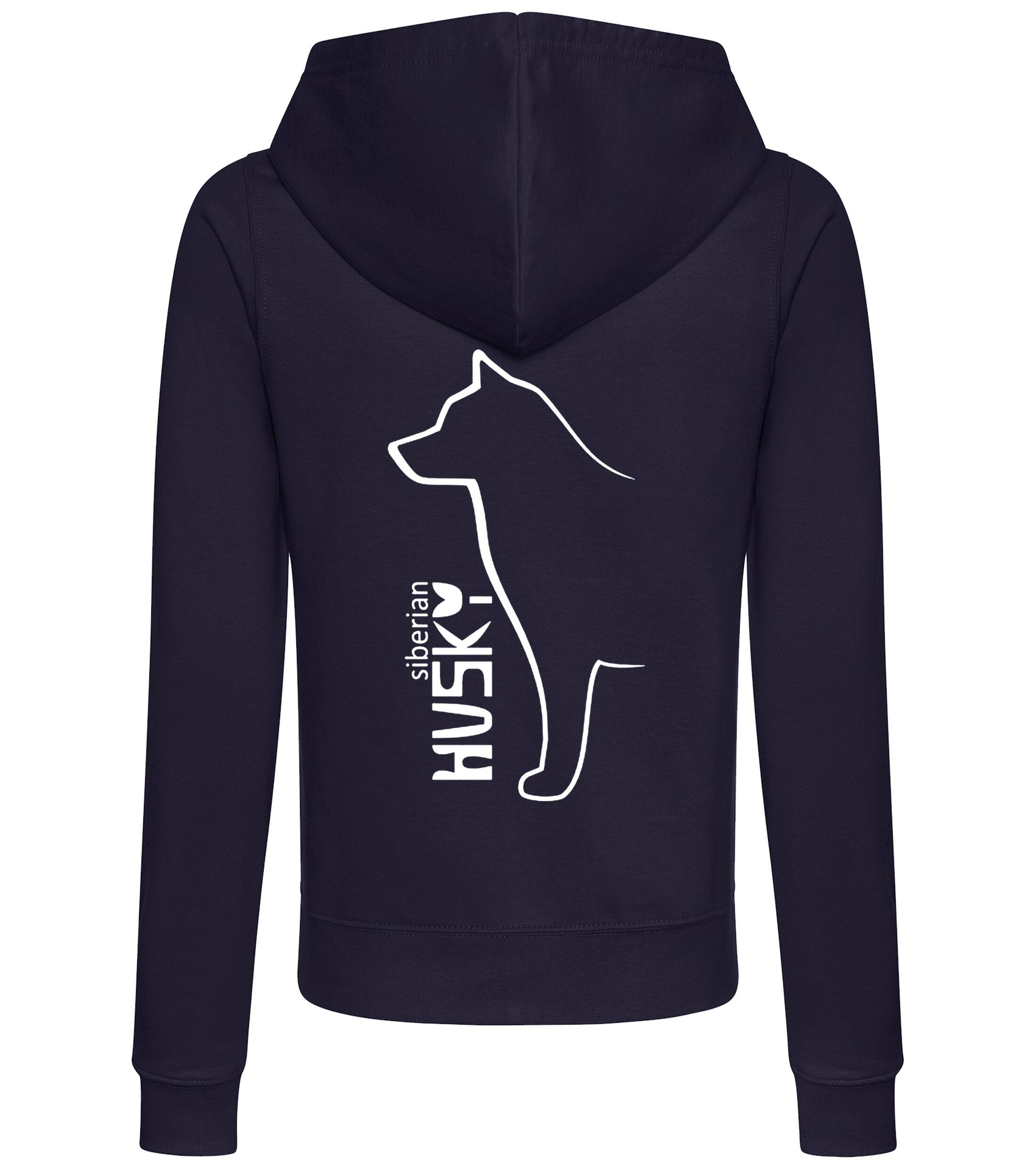 Women’s zipped hoodie featuring exclusive Siberian Husky artwork on the back, soft breathable fabric, a feminine fit, practical front pockets, and a snug hood—ideal for daily wear, dog shows, or relaxing with your Husky.