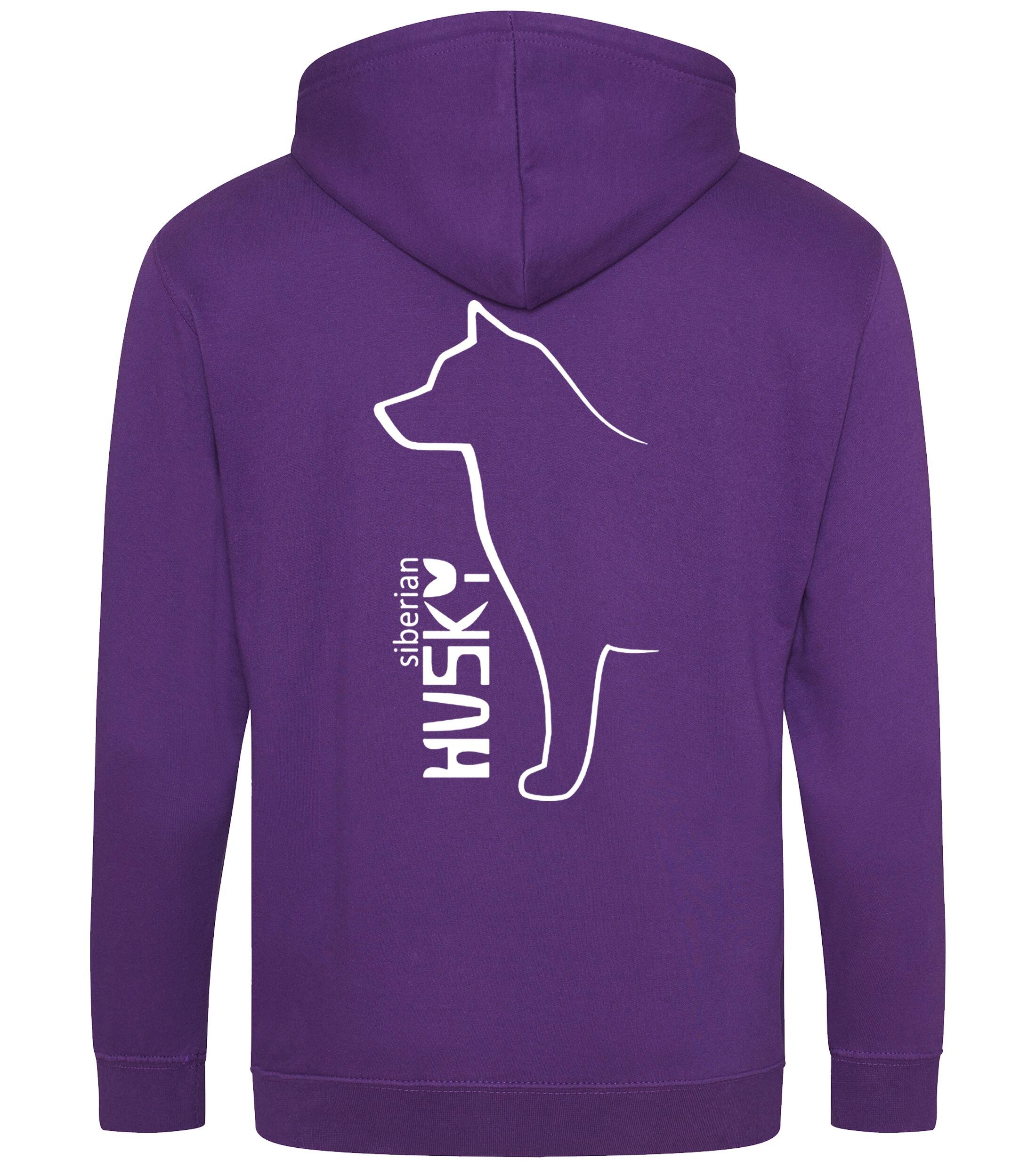 Unisex zipped hoodie featuring exclusive Siberian Husky artwork on the back and paw prints on the front, with a full-zip front, double-fabric hood, and cozy brushed fleece lining—ideal for Husky lovers seeking warmth and style.