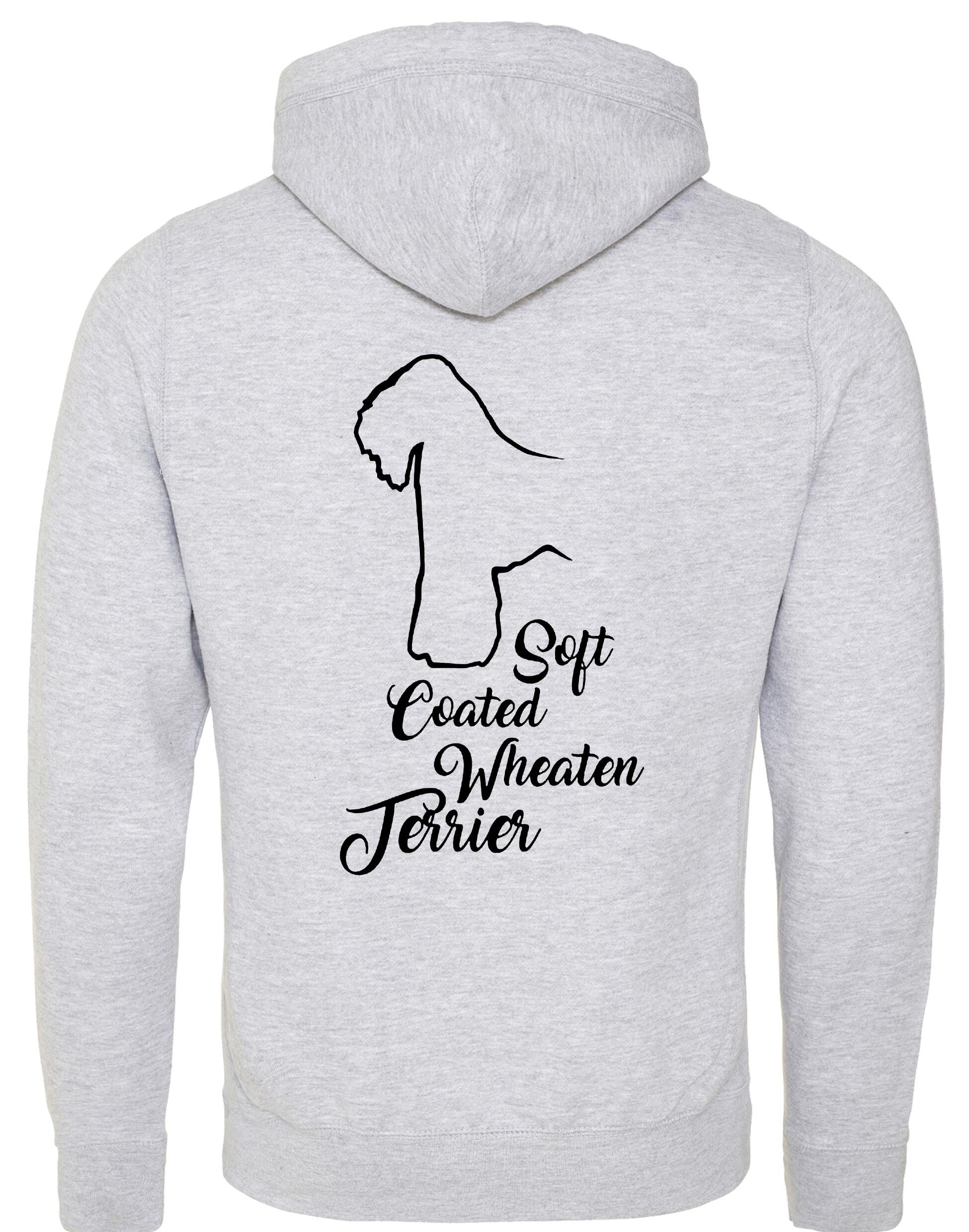 Unisex crossneck pullover hoodie with Soft Coated Wheaten Terrier artwork on the back, fleece-lined with kangaroo pocket