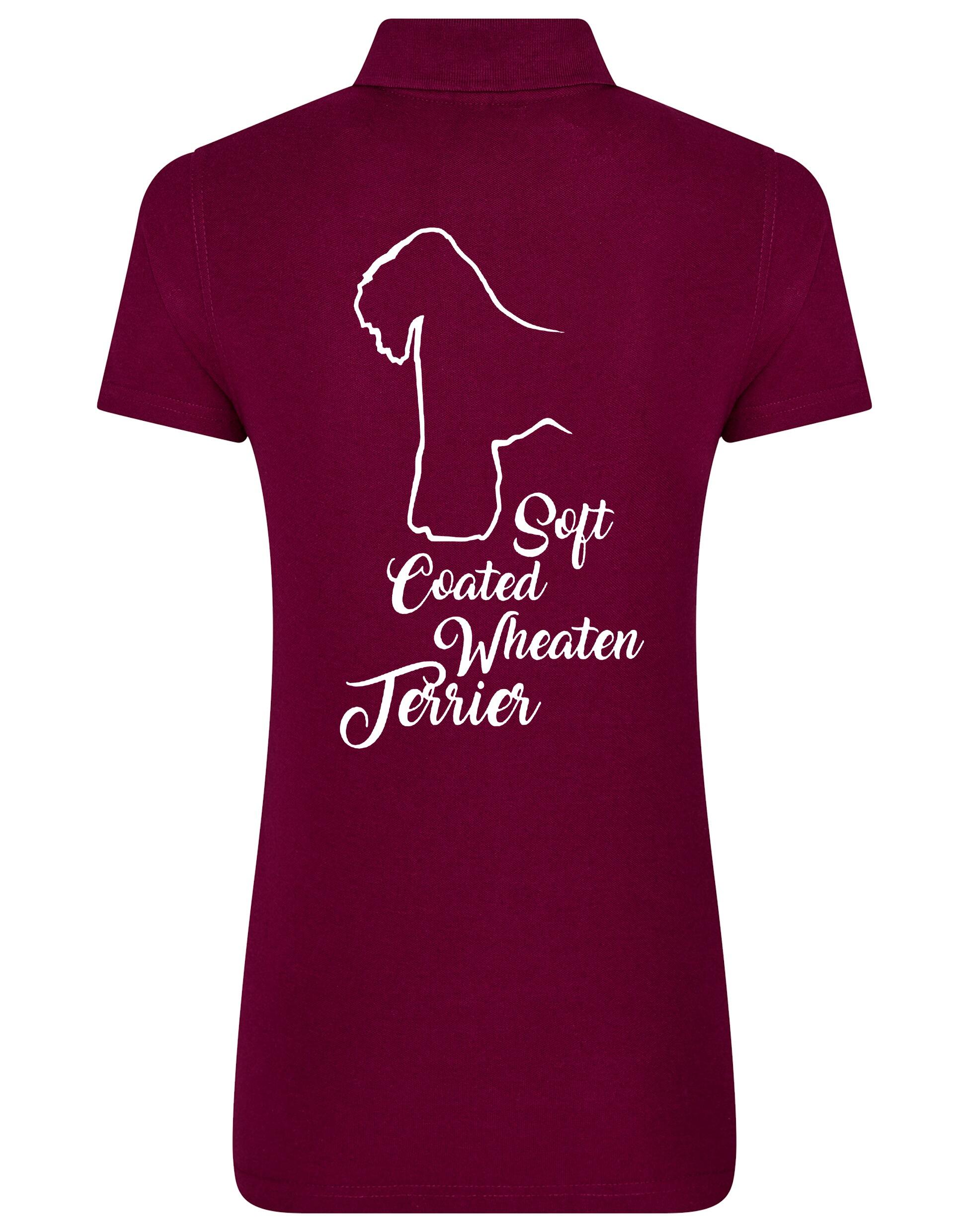 Women’s cotton polo shirt with Soft Coated Wheaten Terrier artwork on the back, breathable and flattering feminine fit