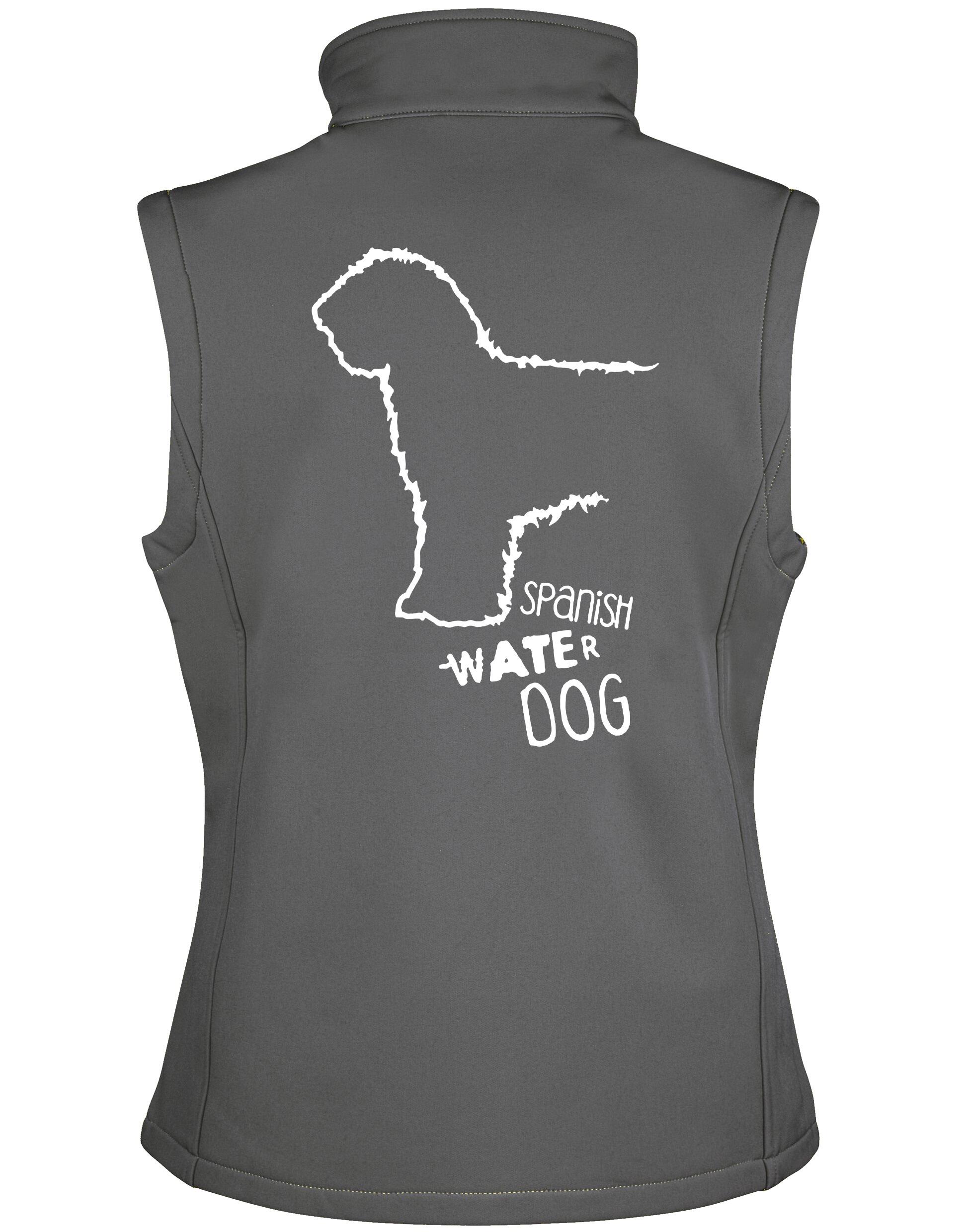 Unisex softshell gilet with Spanish Water Dog design on the back. Features water-resistant fabric, fleece lining, full-zip front, and side pockets—ideal for outdoor walks, breed events, or everyday layering.