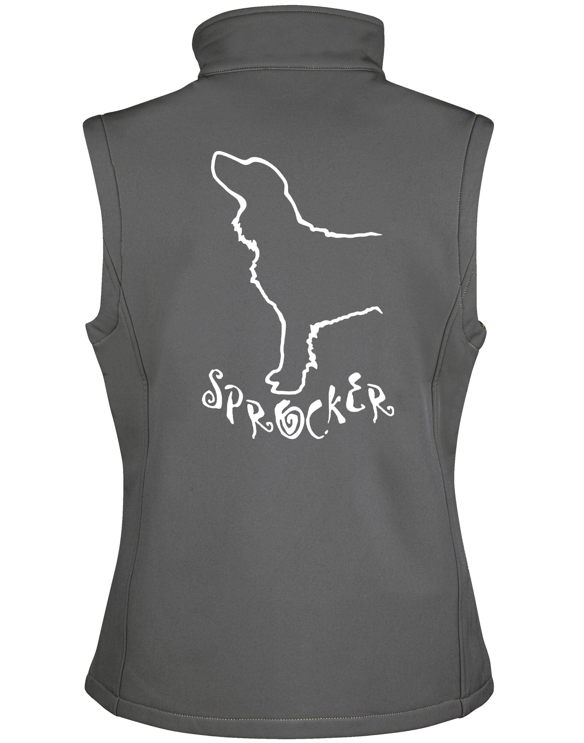 Women’s Softshell Jacket featuring exclusive Sprocker Spaniel design on the back. Tailored feminine fit with water-resistant exterior and fleece lining, ideal for active outdoor wear and showing your love for the Sprocker breed.