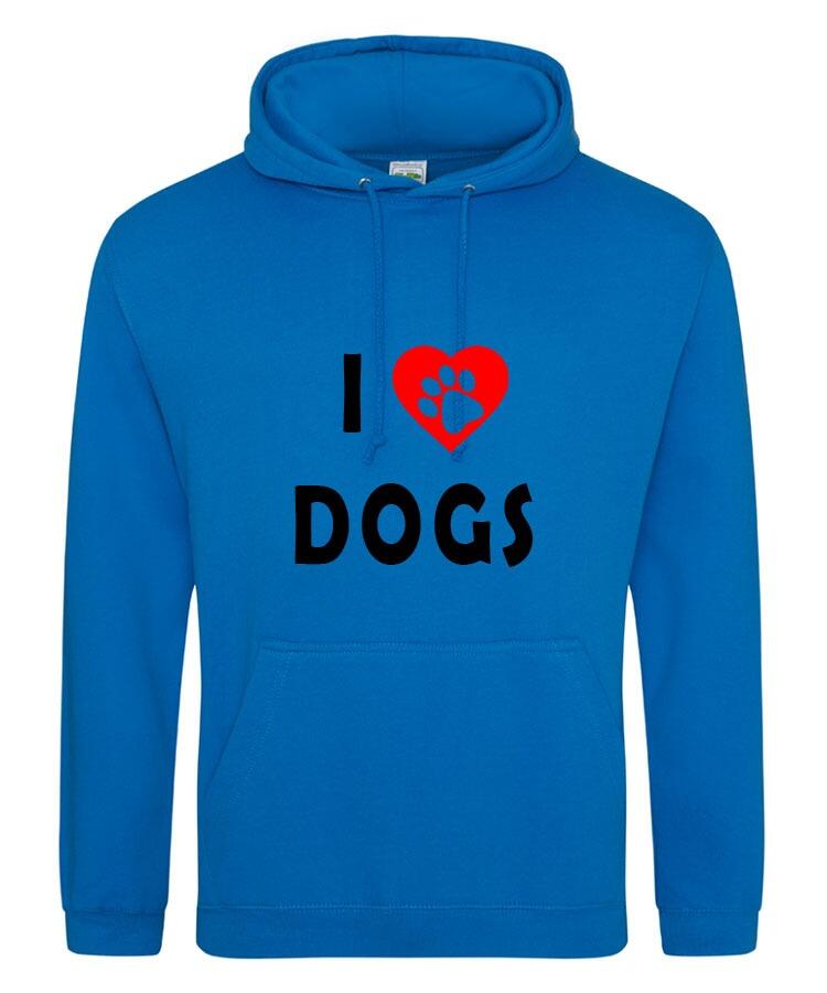 I Heart Dogs Design on a Sapphire Blue Pullover Hoodie Black Print