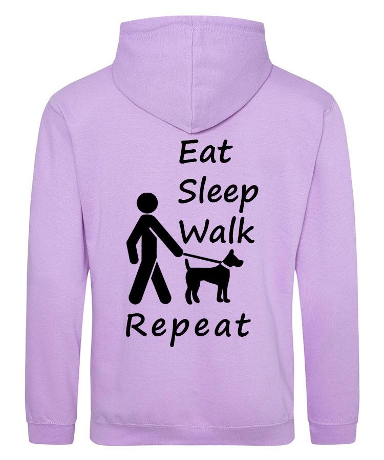 Eat Sleep Walk Repeat Design on a Lavender Pullover Hoodie Black Print