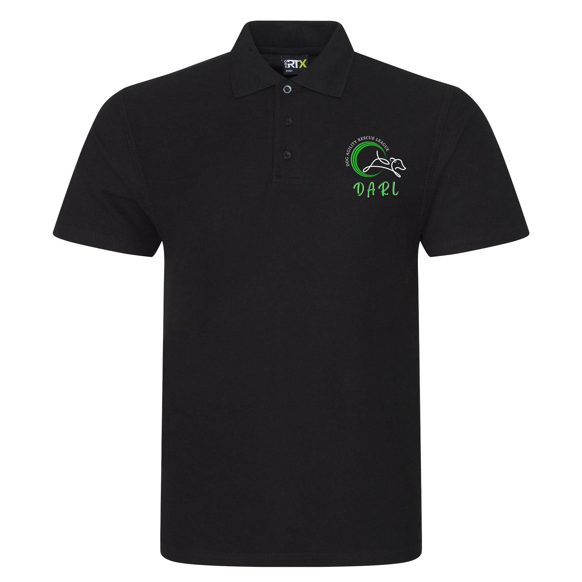 DARL Unisex Polo Shirt in black, featuring the iconic logo, designed for a comfortable fit and supporting the Dog Agility Rescue League.