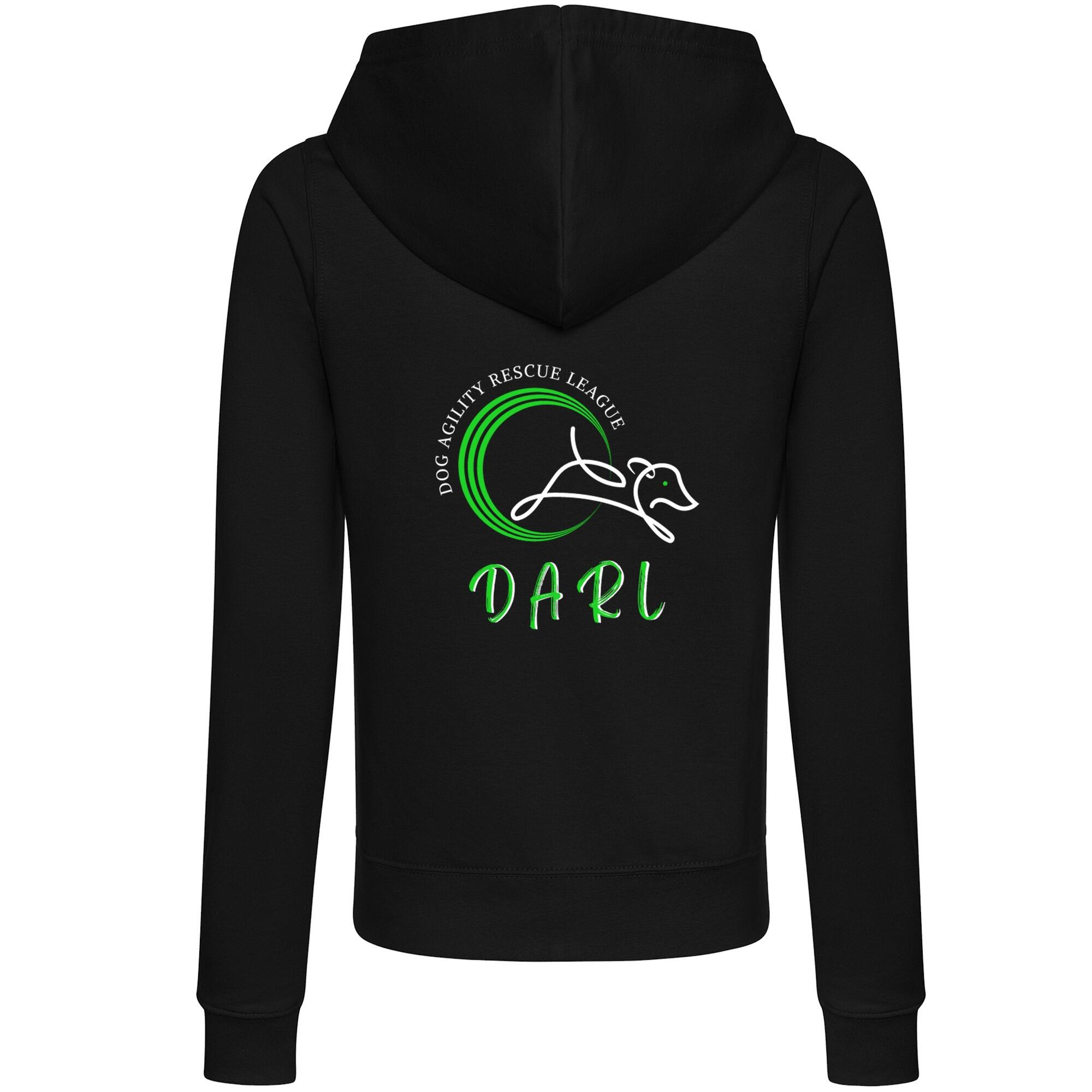 DARL Official Black Female Zipped Hoodie, featuring the DARL logo, offering comfort and support for the Dog Agility Rescue League, ideal for casual wear.