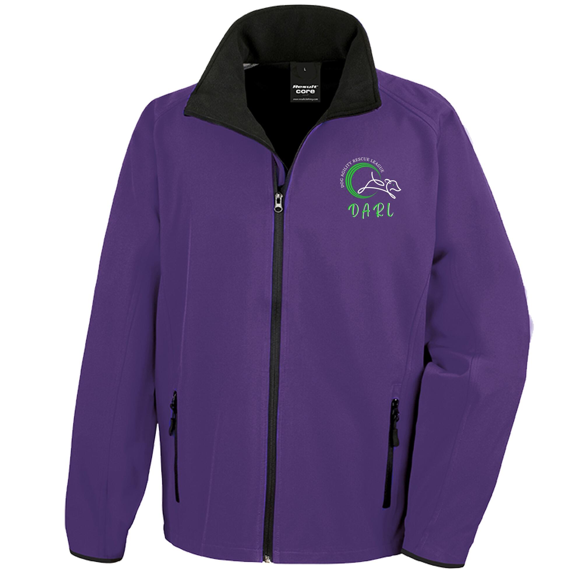 DARL Official Purple Unisex Softshell Jacket, featuring the DARL logo on the front and back, offering wind and water resistance, and supporting the Dog Agility Rescue League. Perfect for outdoor adventures and casual wear.