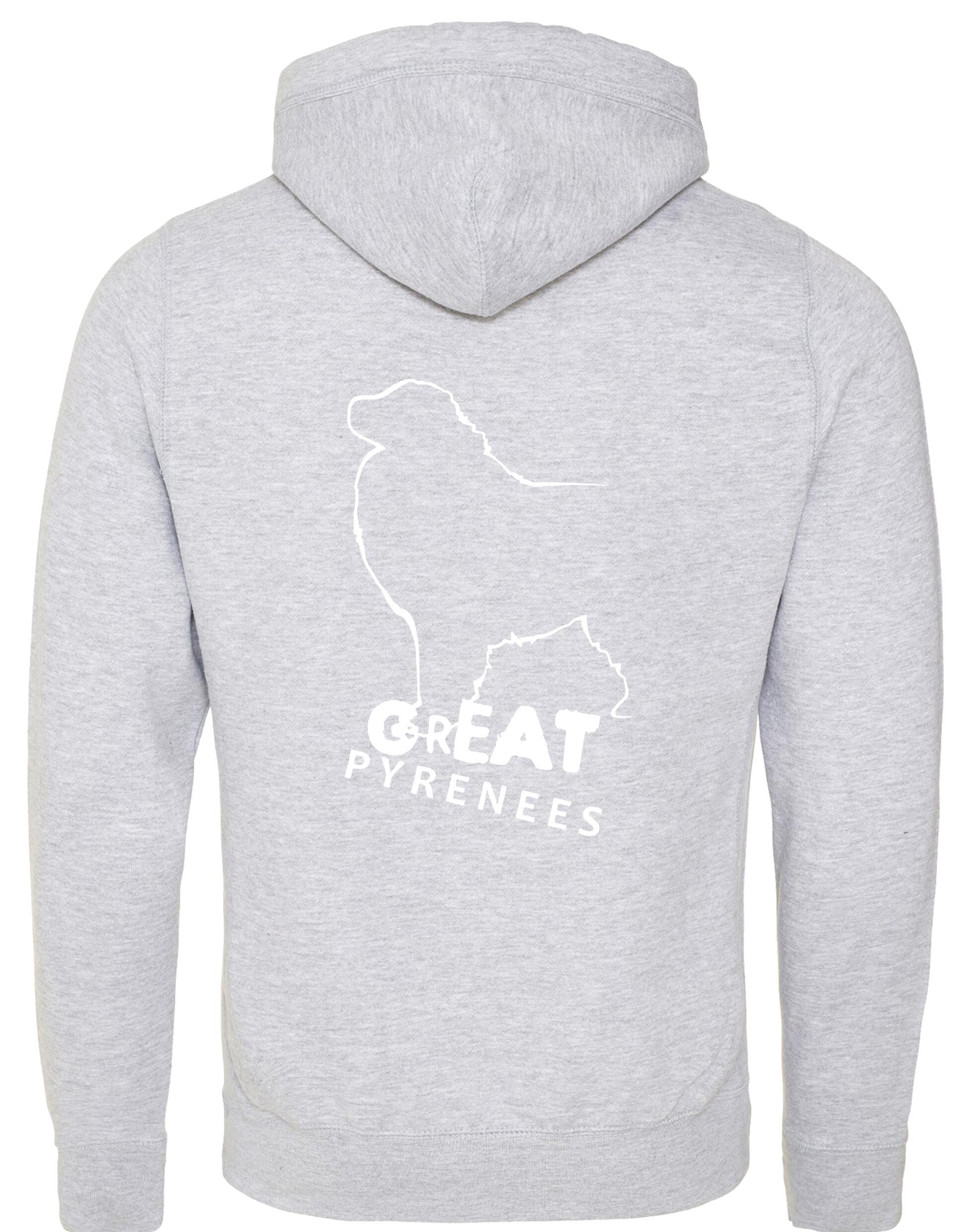 Unisex Crossneck Pullover Hoodie featuring a detailed Great Pyrenees design, brushed fleece interior, and kangaroo pocket for comfort and style.