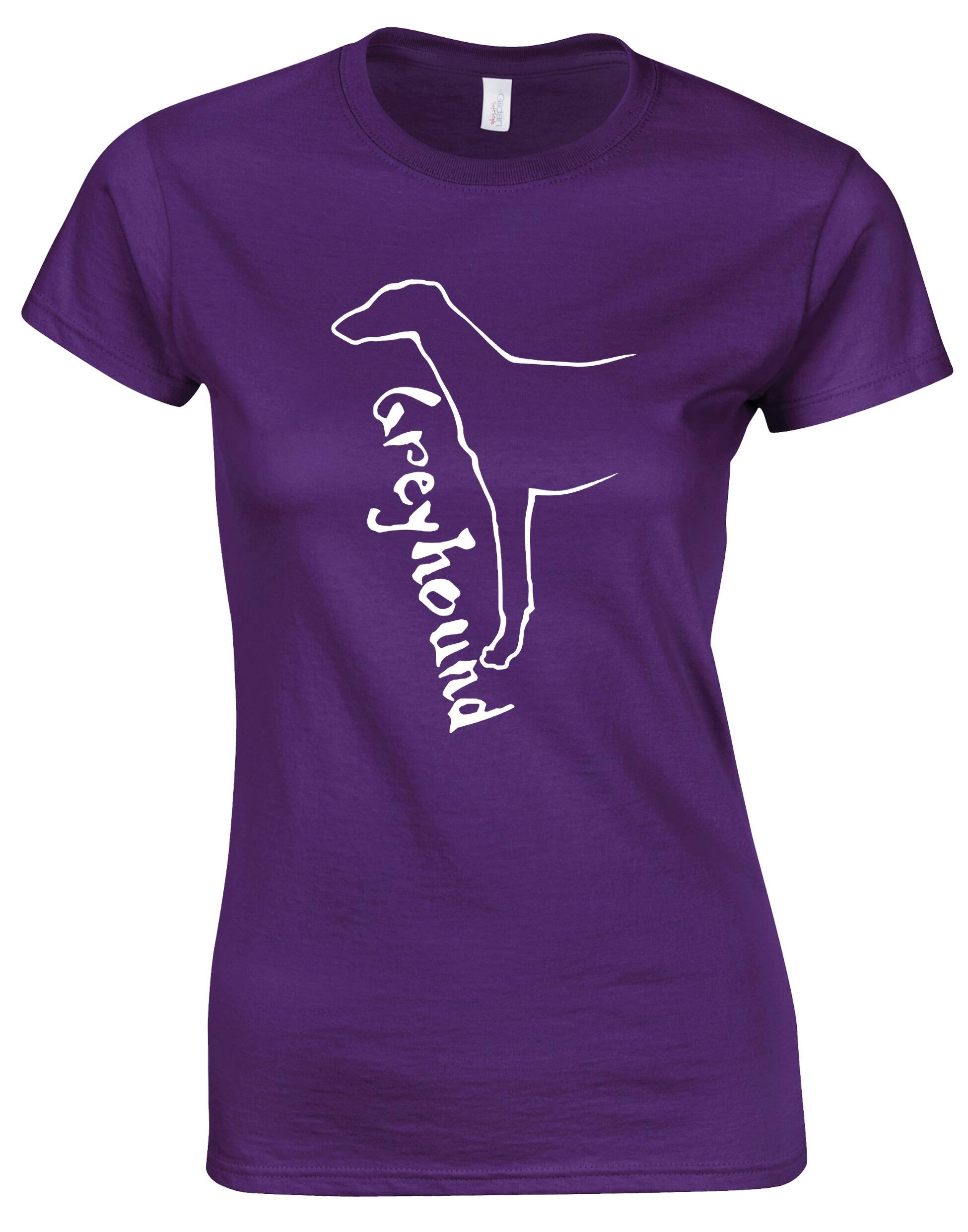Female Greyhound roundneck T-shirt with exclusive breed graphic, soft cotton fabric, and tailored feminine fit, perfect for dog lovers.