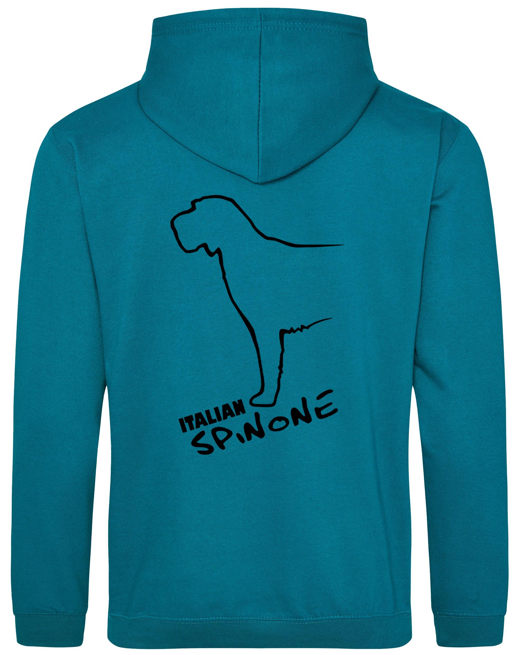 Italian Spinone pullover hoodie featuring exclusive breed artwork, paw print accents, kangaroo pocket, and double-fabric hood, personalized for dog lovers.