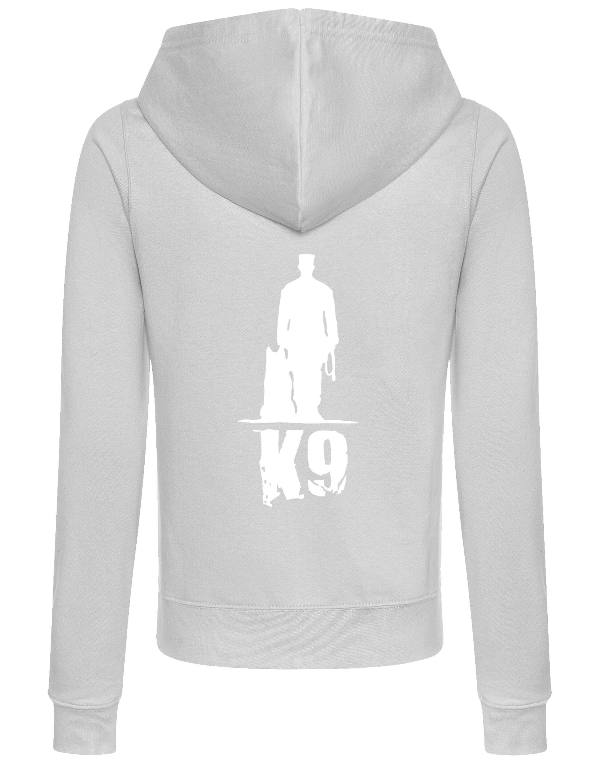 K9 women’s zipped hoodie featuring exclusive artwork, a full-zip closure, and practical pockets, designed for style and comfort in any activity.