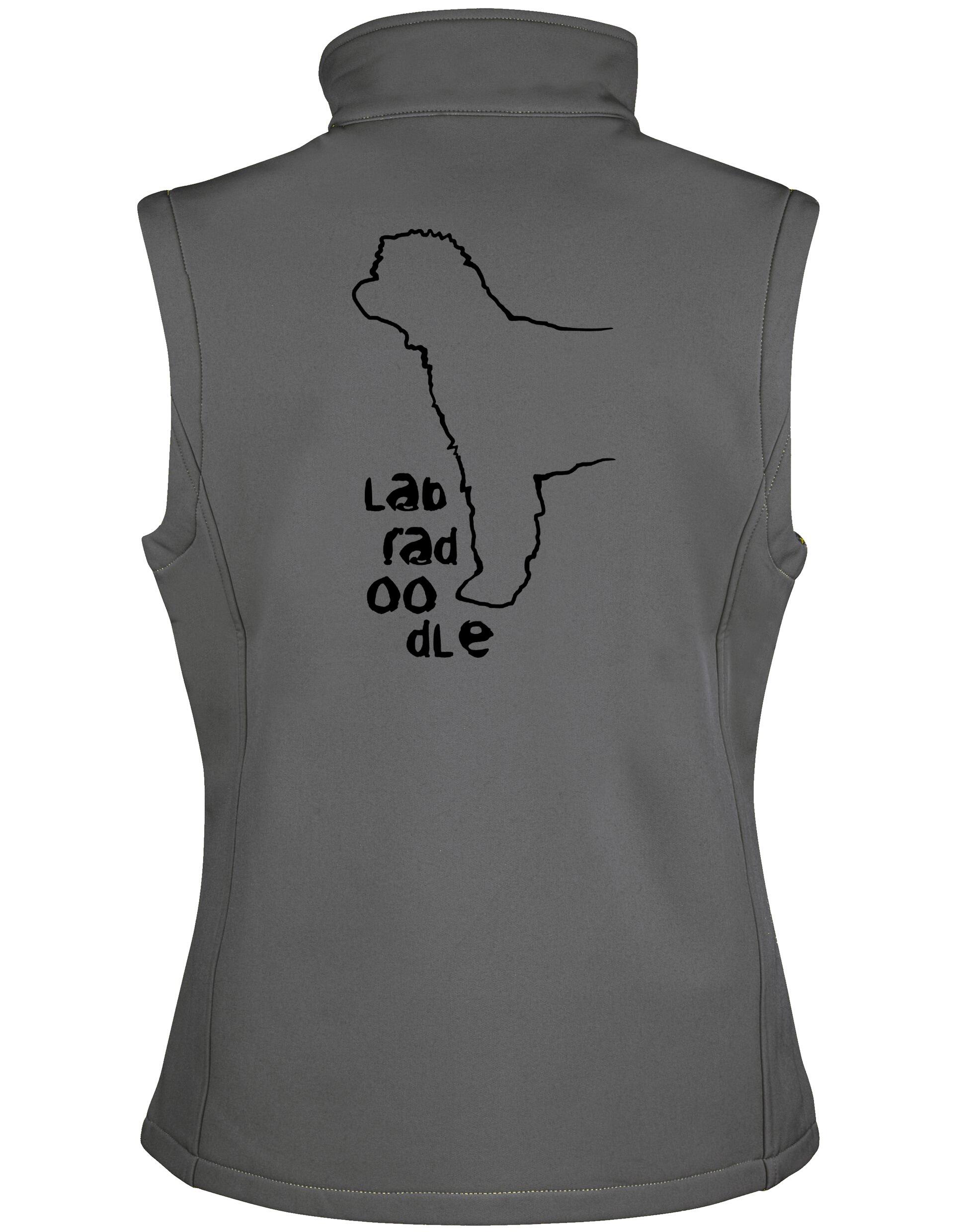 Women’s Softshell Gilet with exclusive Labradoodle design, personalized with dog’s name or breeder details, providing water-resistant protection and comfort for outdoor adventures.