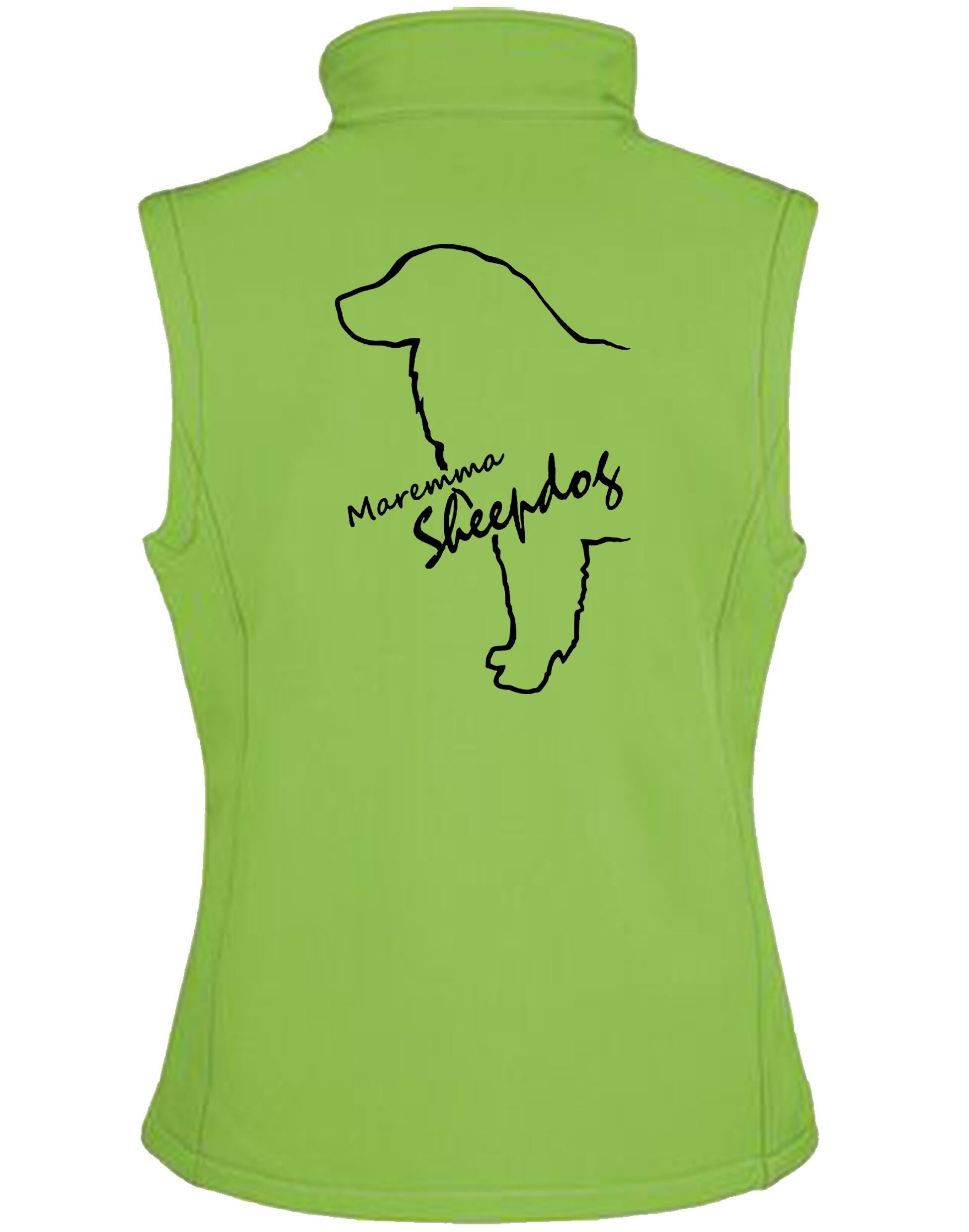 Women’s Softshell Gilet featuring an exclusive Maremma Sheepdog design, offering style, comfort, and water-resistant protection.