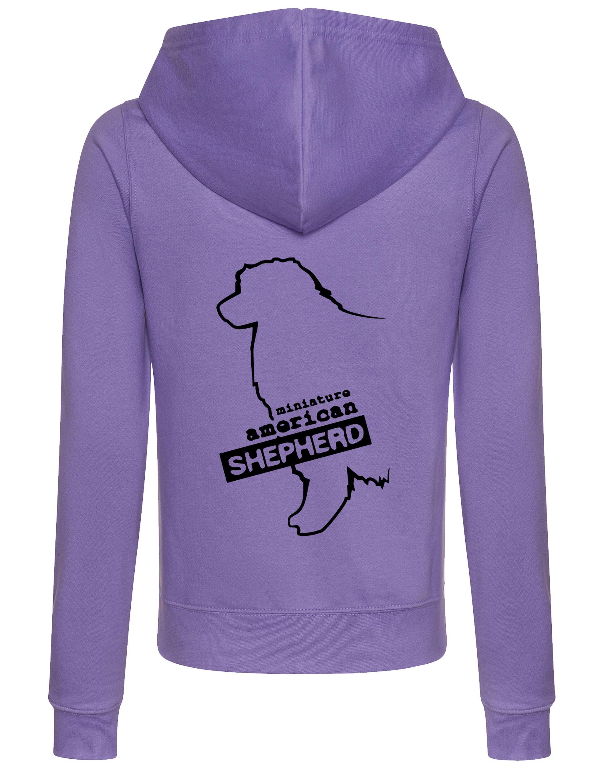 Miniature American Shepherd Women’s Zipped Hoodie with exclusive breed artwork, cozy hood, and practical front pockets.