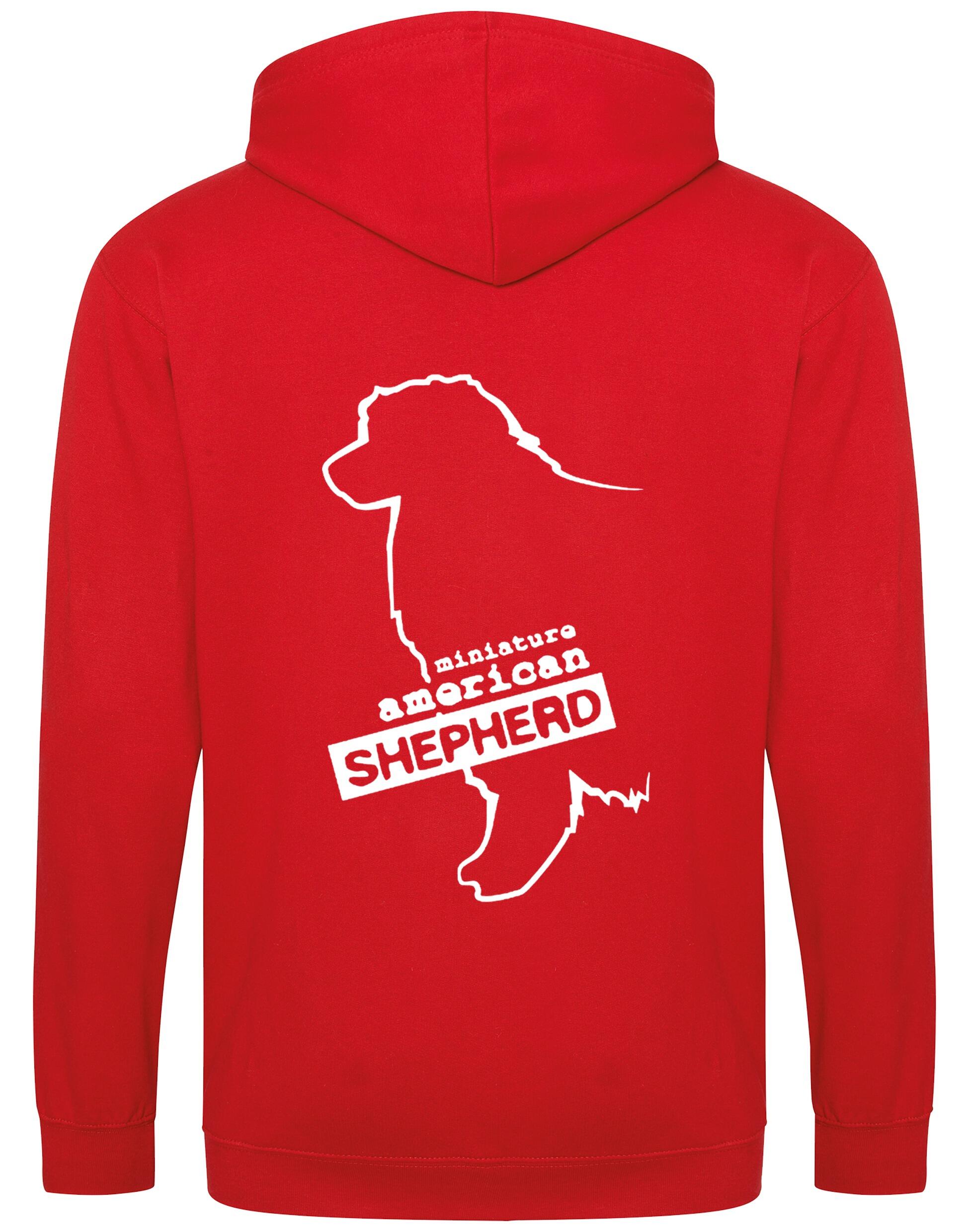 Miniature American Shepherd Zipped Hoodie featuring exclusive breed artwork, cozy fleece lining, and spacious front pockets.