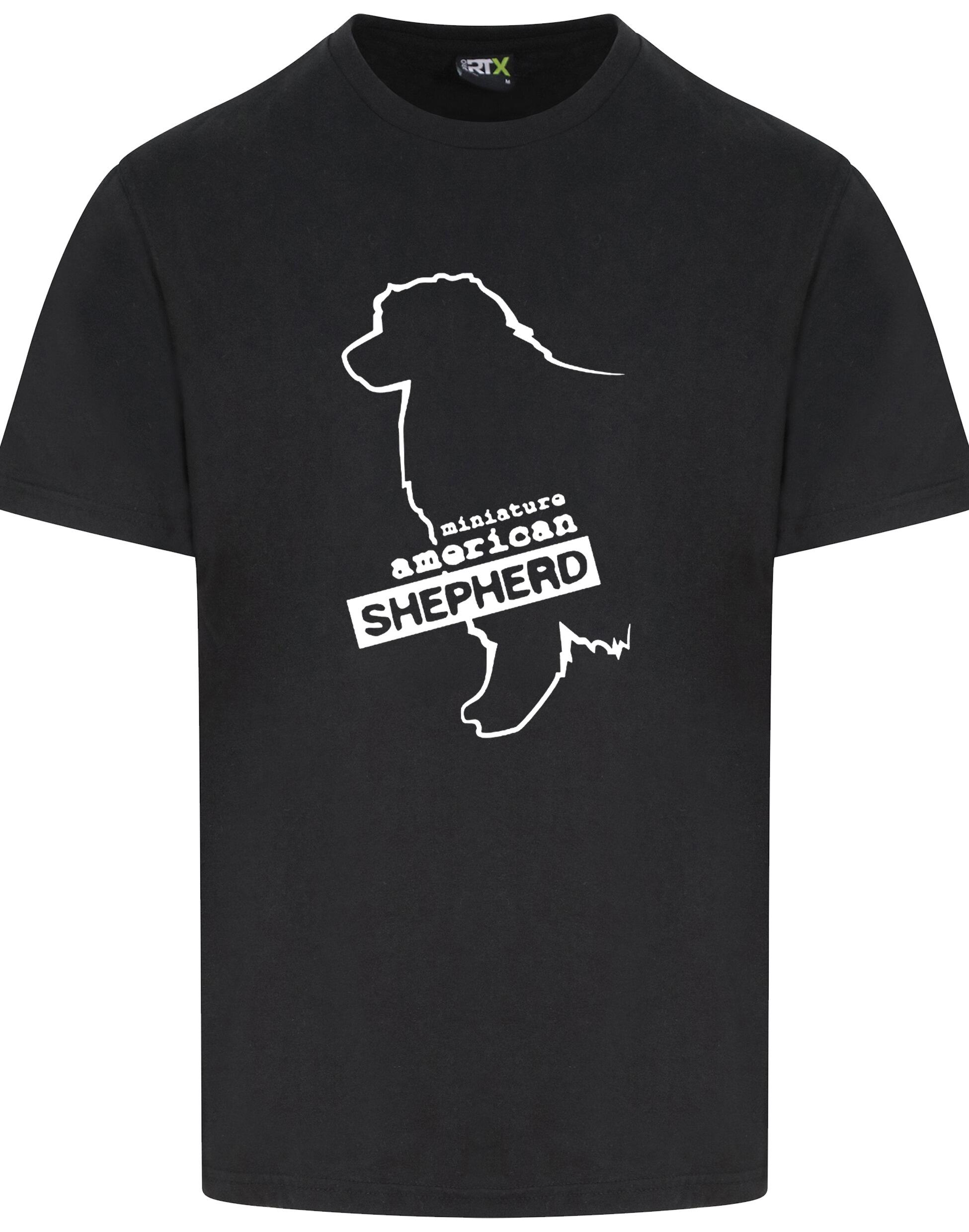Miniature American Shepherd Roundneck T-shirt featuring exclusive breed artwork, soft cotton fabric, and a relaxed unisex fit.
