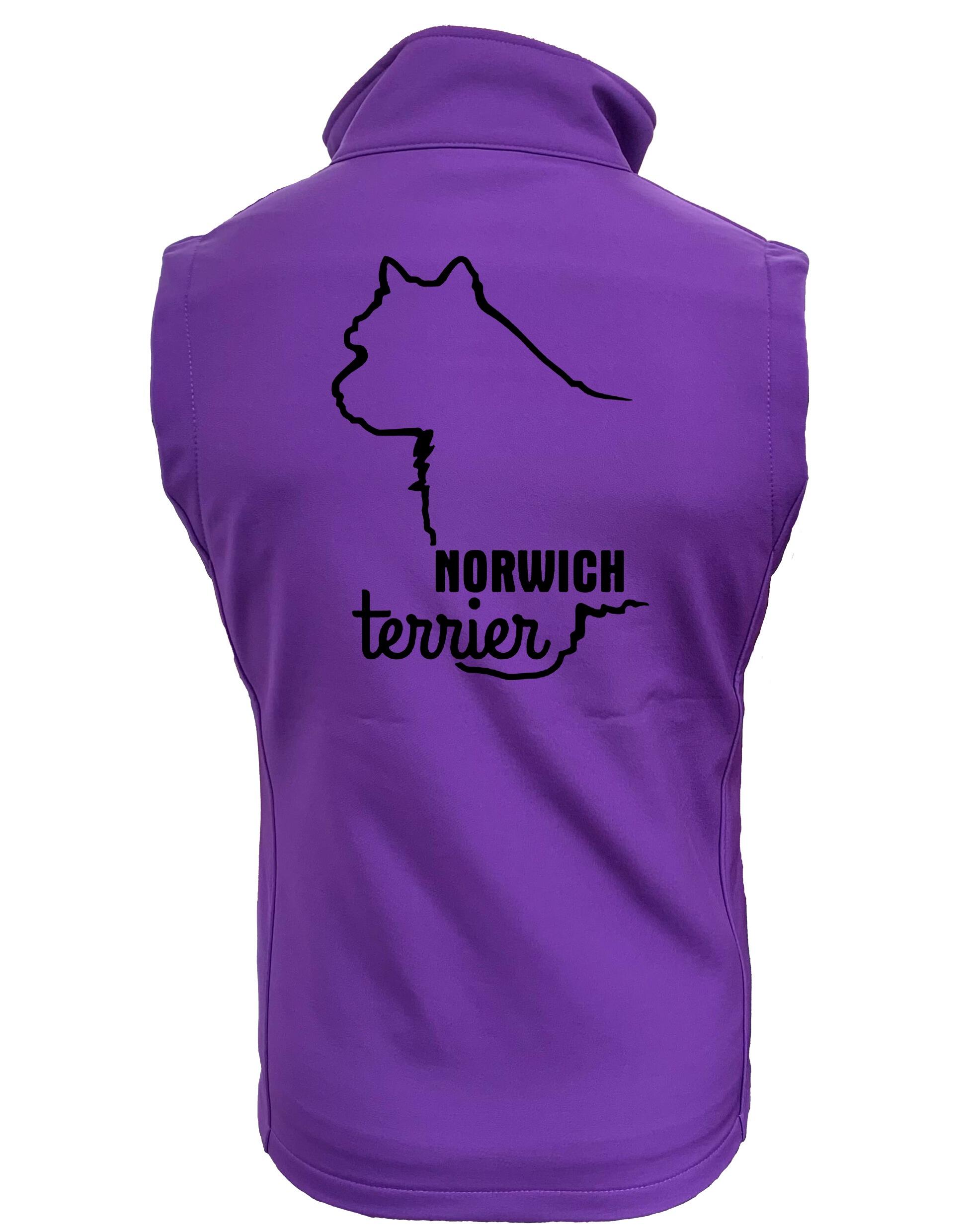 Norwich Terrier Women’s Softshell Gilet featuring exclusive breed artwork, water-resistant fabric, fleece lining, and a tailored feminine fit. Perfect for dog shows, countryside walks, and everyday wear for Norwich Terrier owners.