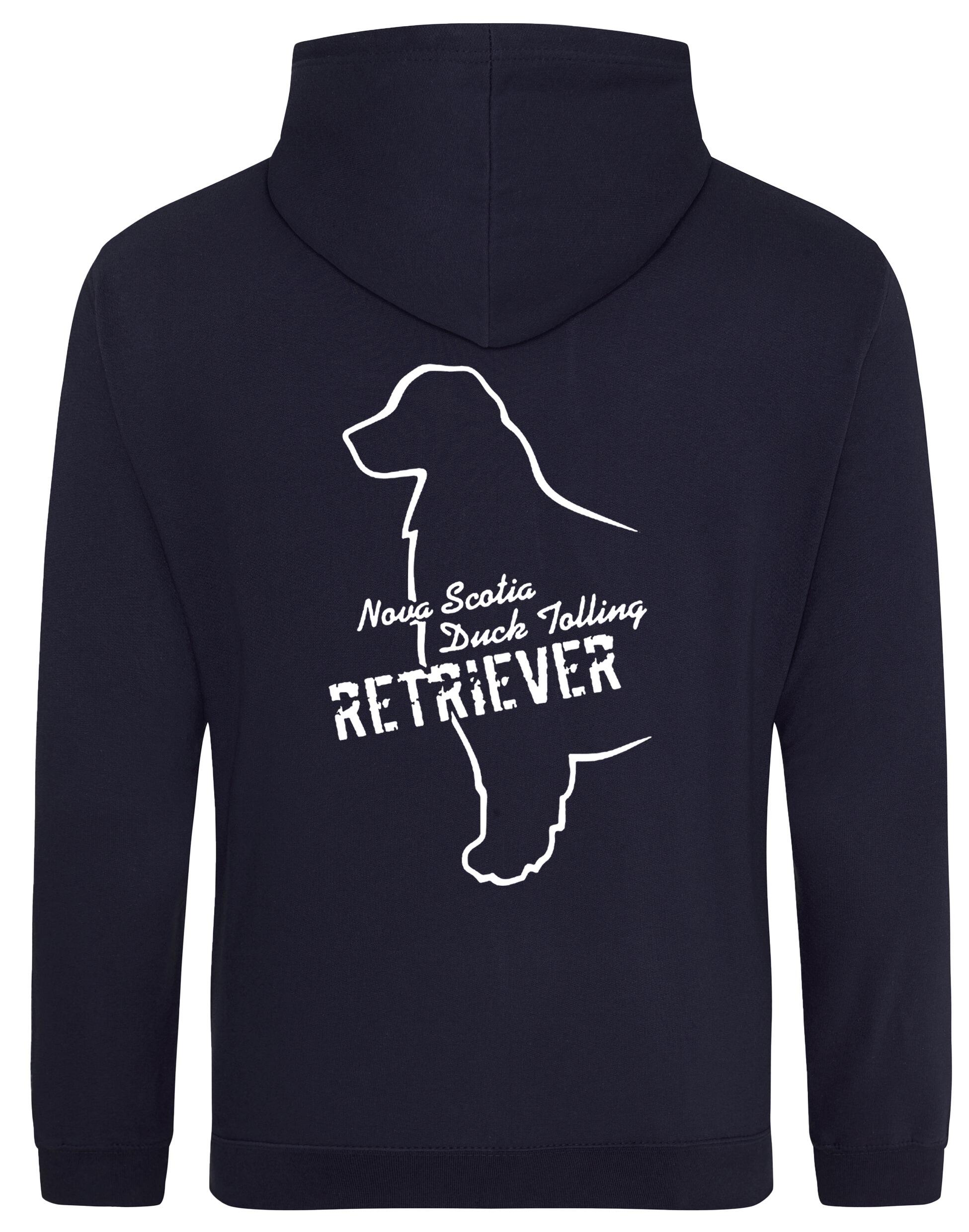 Soft fleece-lined Nova Scotia Duck Tolling Retriever pullover hoodie featuring a detailed breed design on the back. Includes a kangaroo pouch pocket, ribbed cuffs, and a double-fabric hood. Perfect for breed enthusiasts, casual wear, and outdoor adventures.