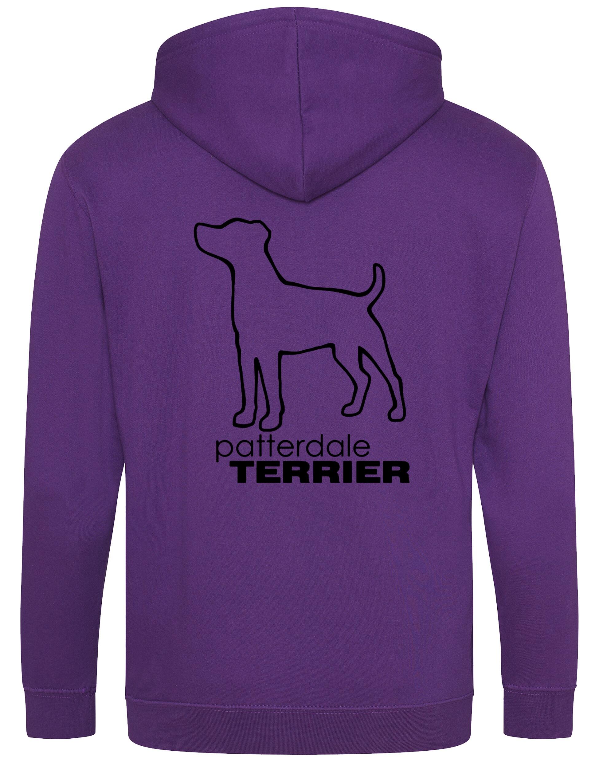 Patterdale Terrier Zipped Hoodie – high-quality, heavy-blend hoodie with an exclusive breed design, featuring a fleece-lined interior, front pockets, a full-zip closure, and a cozy double-fabric hood for ultimate comfort.