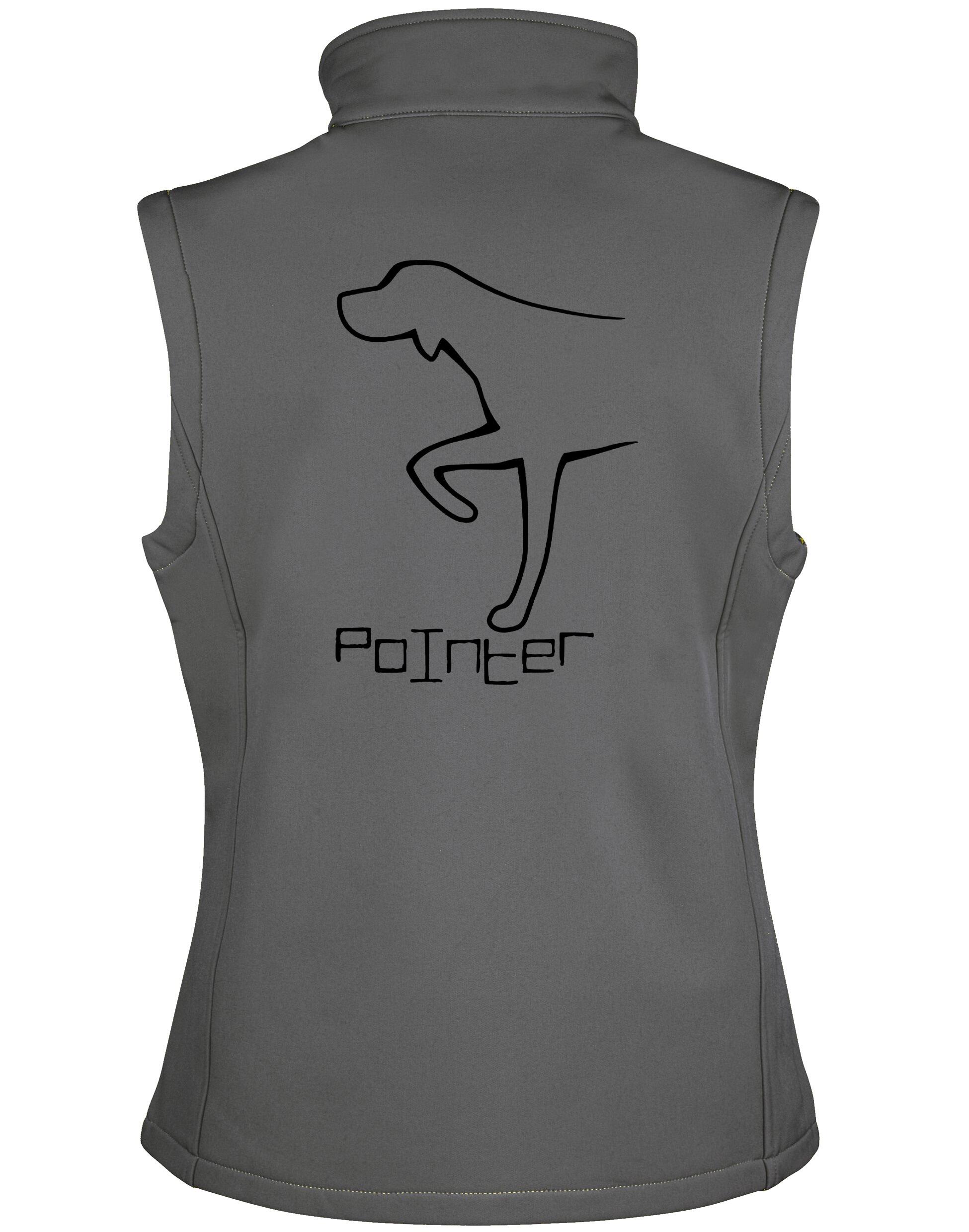 Pointer Women’s Softshell Gilet – water-resistant, fleece-lined gilet featuring exclusive Pointer artwork, tailored for comfort and style, perfect for Pointer lovers and outdoor enthusiasts.