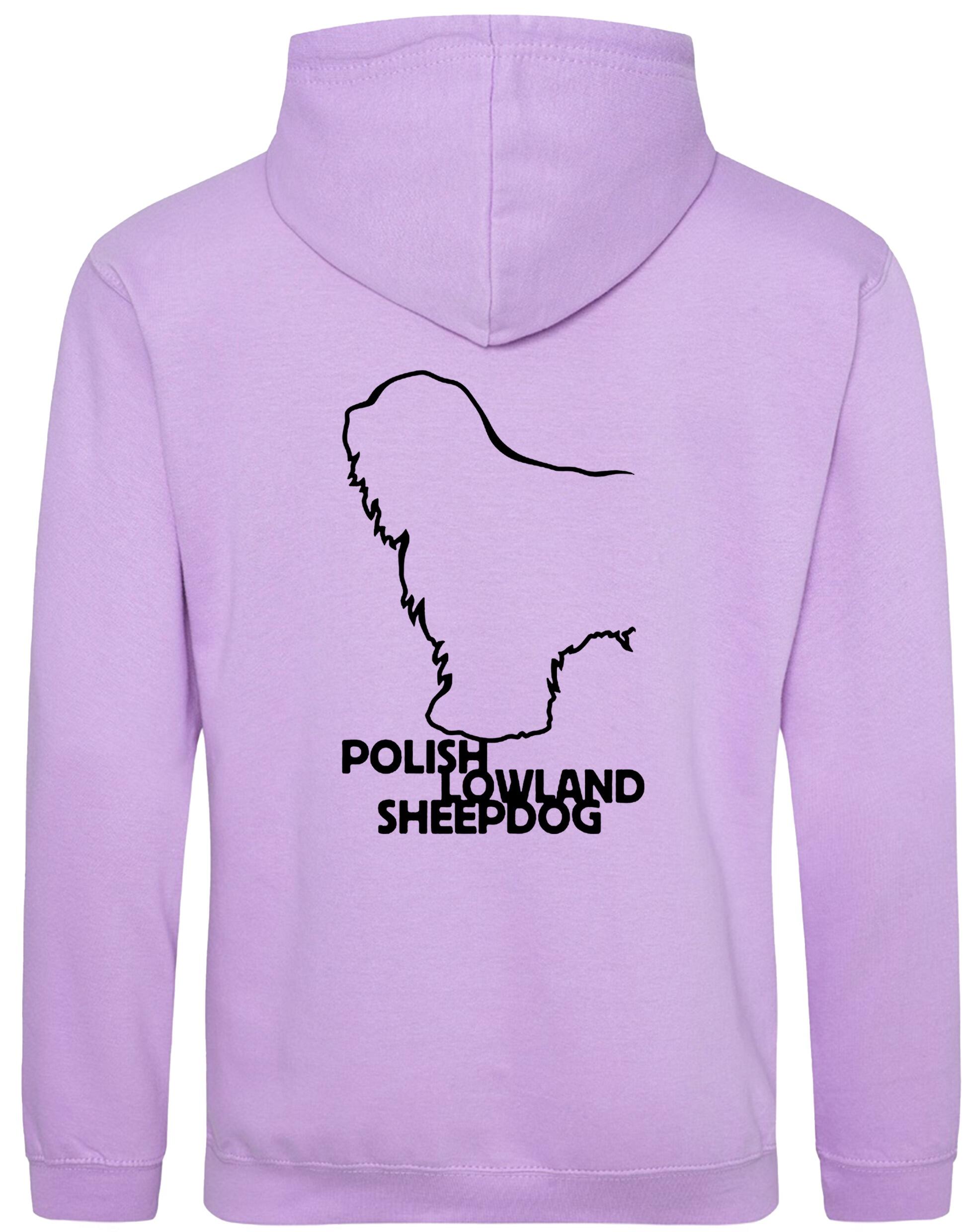 Polish Lowland Sheepdog Pullover Hoodie featuring exclusive breed artwork, heavy-blend fleece lining, kangaroo pocket, and a double-fabric hood for warmth and style.