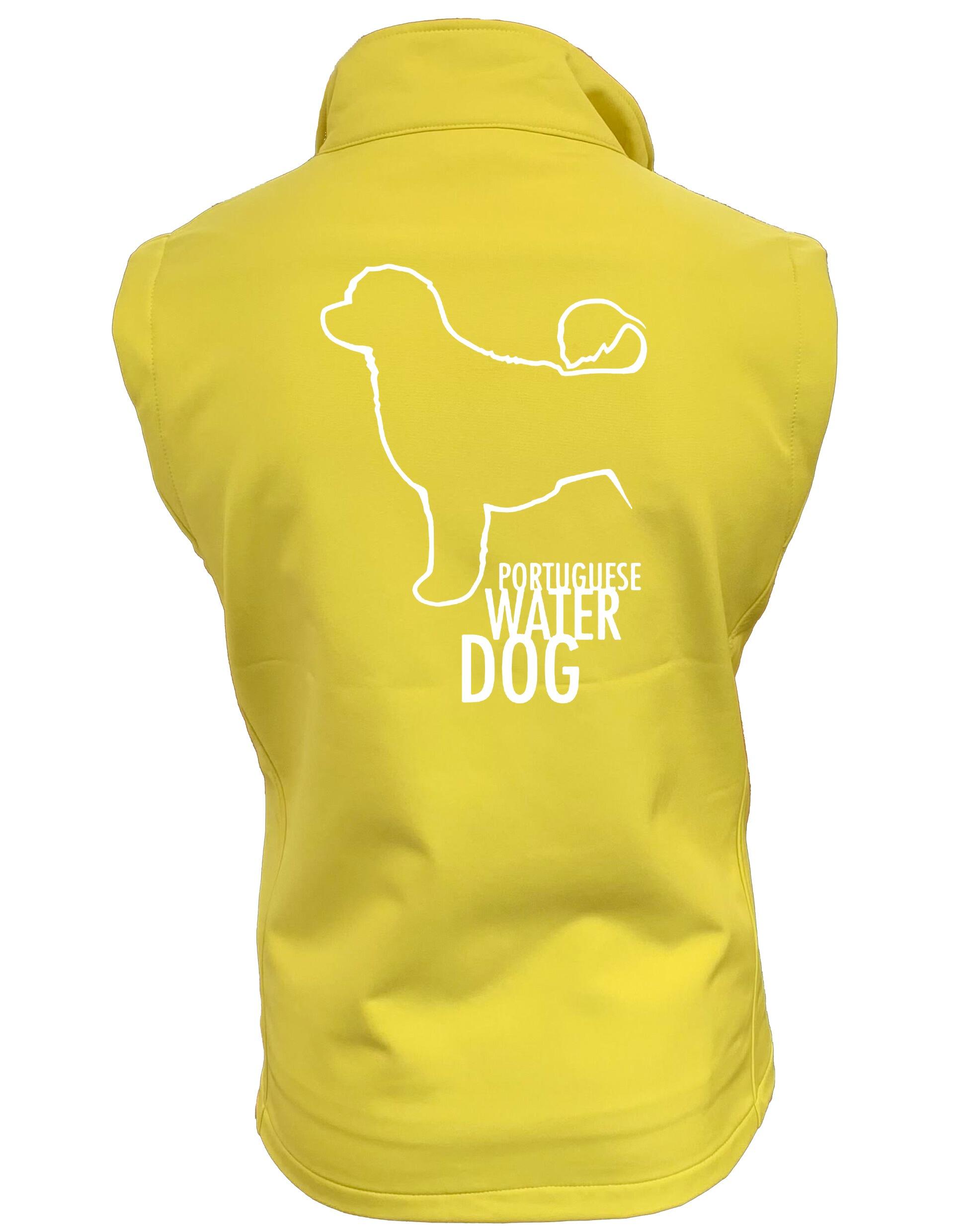 Women’s Portuguese Water Dog Softshell Gilet showcasing exclusive artwork, water-resistant fabric, and practical features for versatile outdoor style.
