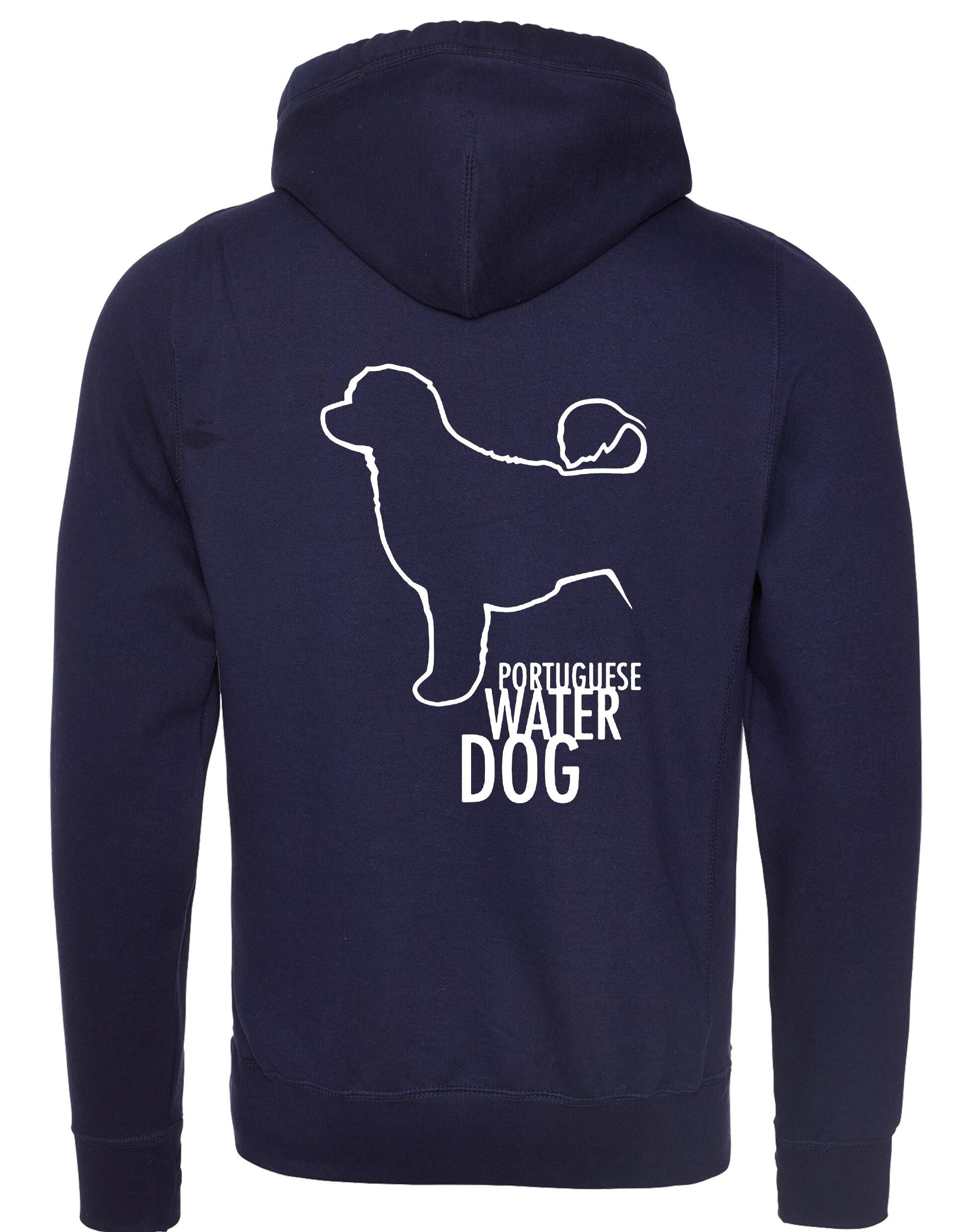 Unisex Portuguese Water Dog Crossneck Pullover Hoodie featuring exclusive breed artwork, premium heavy-blend fabric with a brushed fleece interior, a spacious kangaroo pocket, and ribbed cuffs for stylish, modern comfort.