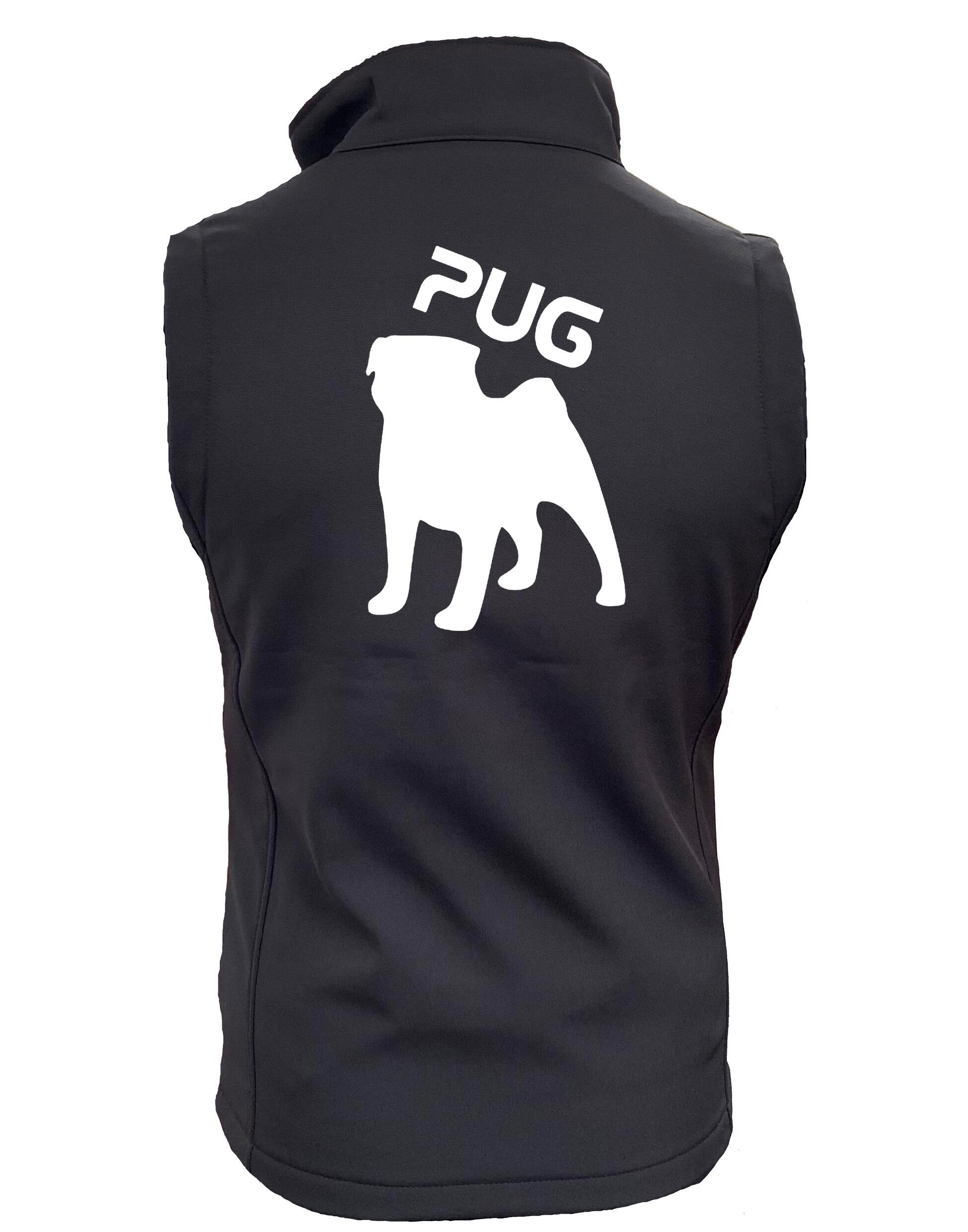 Women's Pug (Silhouette) Softshell Gilet featuring exclusive outline artwork, crafted from premium water-resistant fabric with a full-zip front and side pockets for practical, stylish outdoor wear.