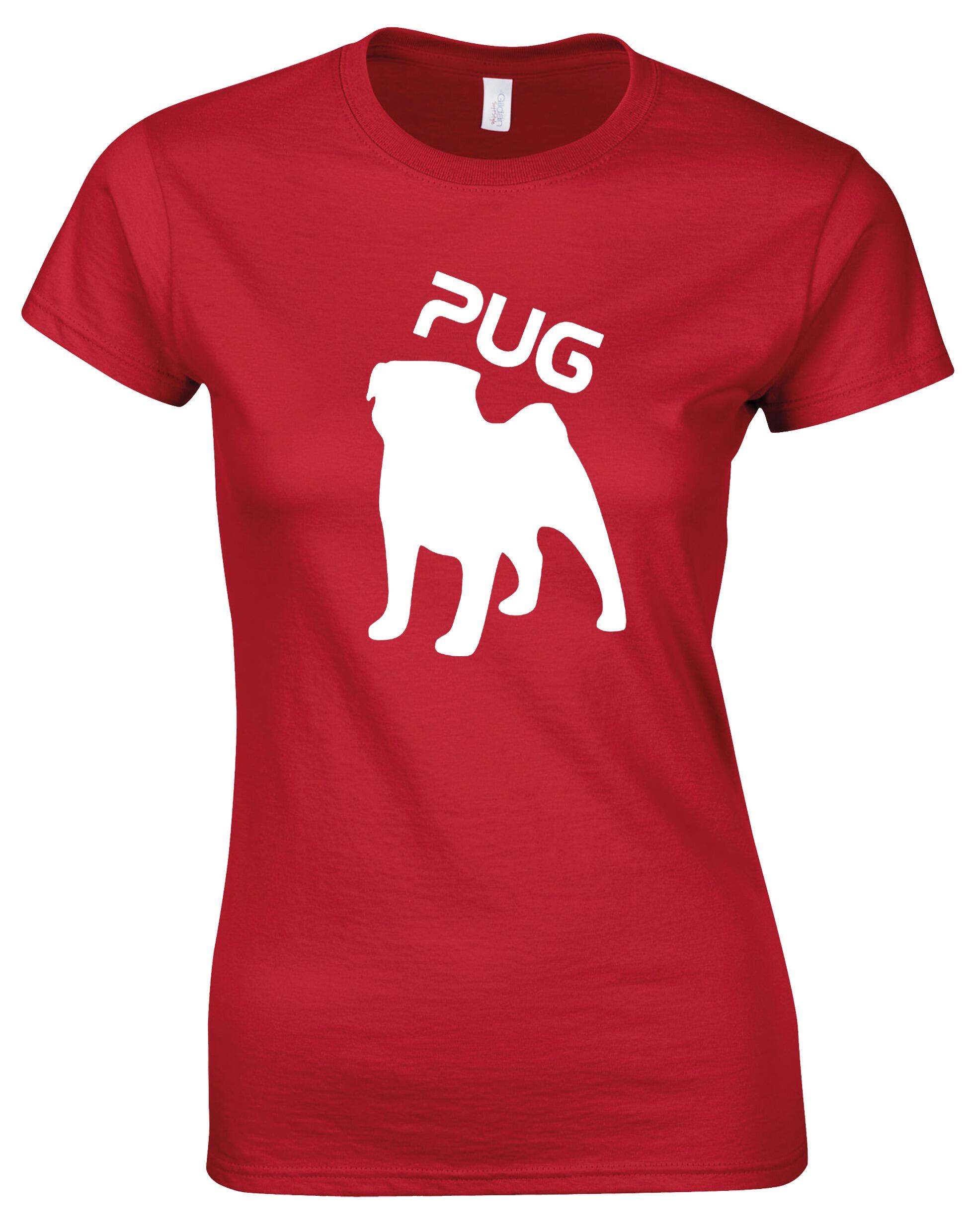 Female Roundneck T-shirt featuring an exclusive Pug (Silhouette) design, crafted from premium breathable cotton for all-day comfort and a flattering feminine fit, perfect for Pug enthusiasts.