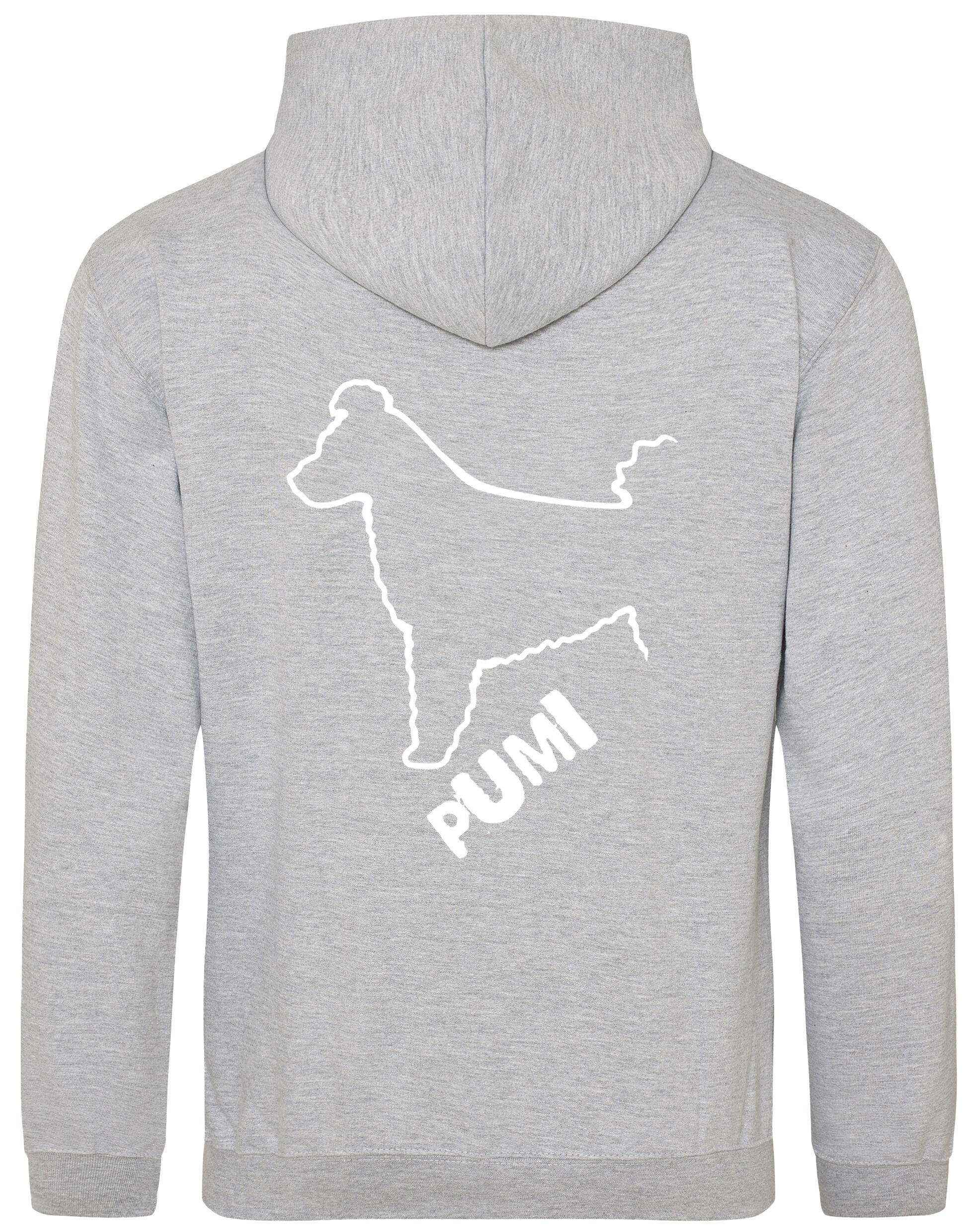 Unisex Hungarian Pumi Design Pullover Hoodie featuring exclusive breed artwork with personalization options, crafted from premium heavy-blend fabric with a cozy brushed fleece interior, ribbed cuffs, and a double-fabric hood for stylish, lasting comfort.