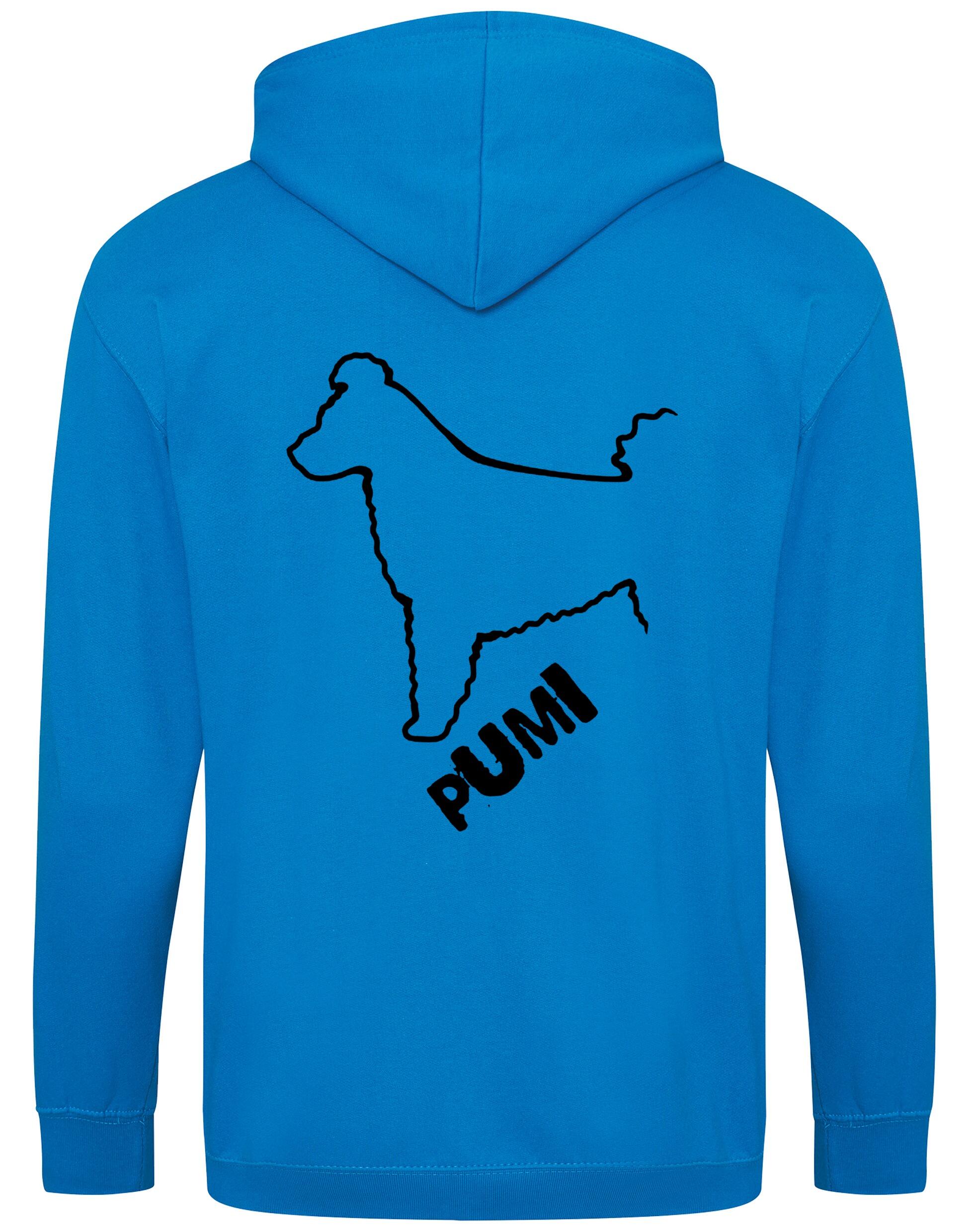 Unisex Hungarian Pumi Zipped Hoodie featuring exclusive breed artwork with personalization options, crafted from premium heavy-blend fabric with a cozy brushed fleece interior, full-zip closure, and a spacious kangaroo pocket for stylish, comfortable outdoor wear.