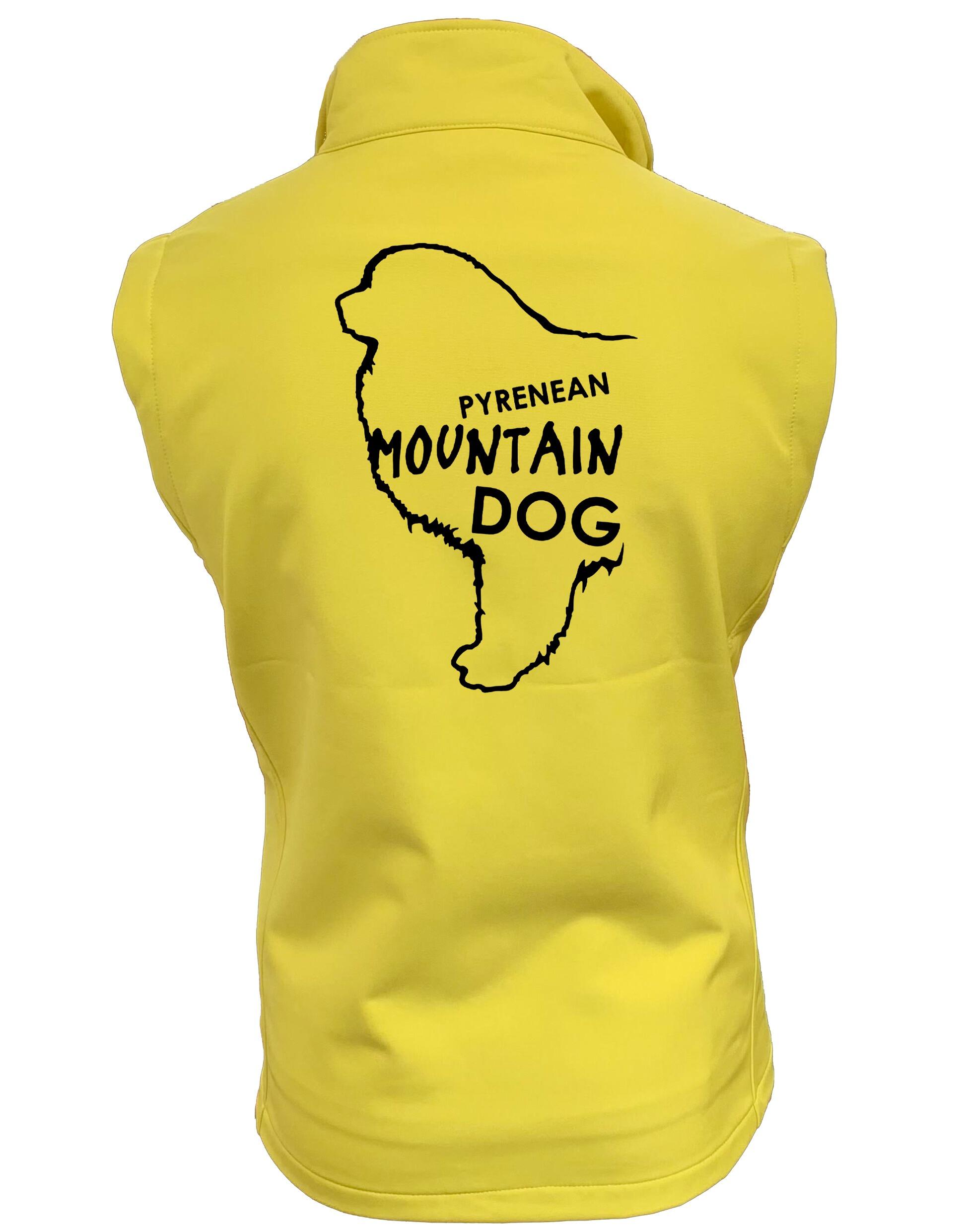 Women's Pyrenean Mountain Dog Softshell Gilet featuring exclusive breed artwork with personalization options, crafted from premium water-resistant fabric with a cozy fleece lining, a full-zip front, and side pockets for stylish, versatile outdoor wear.