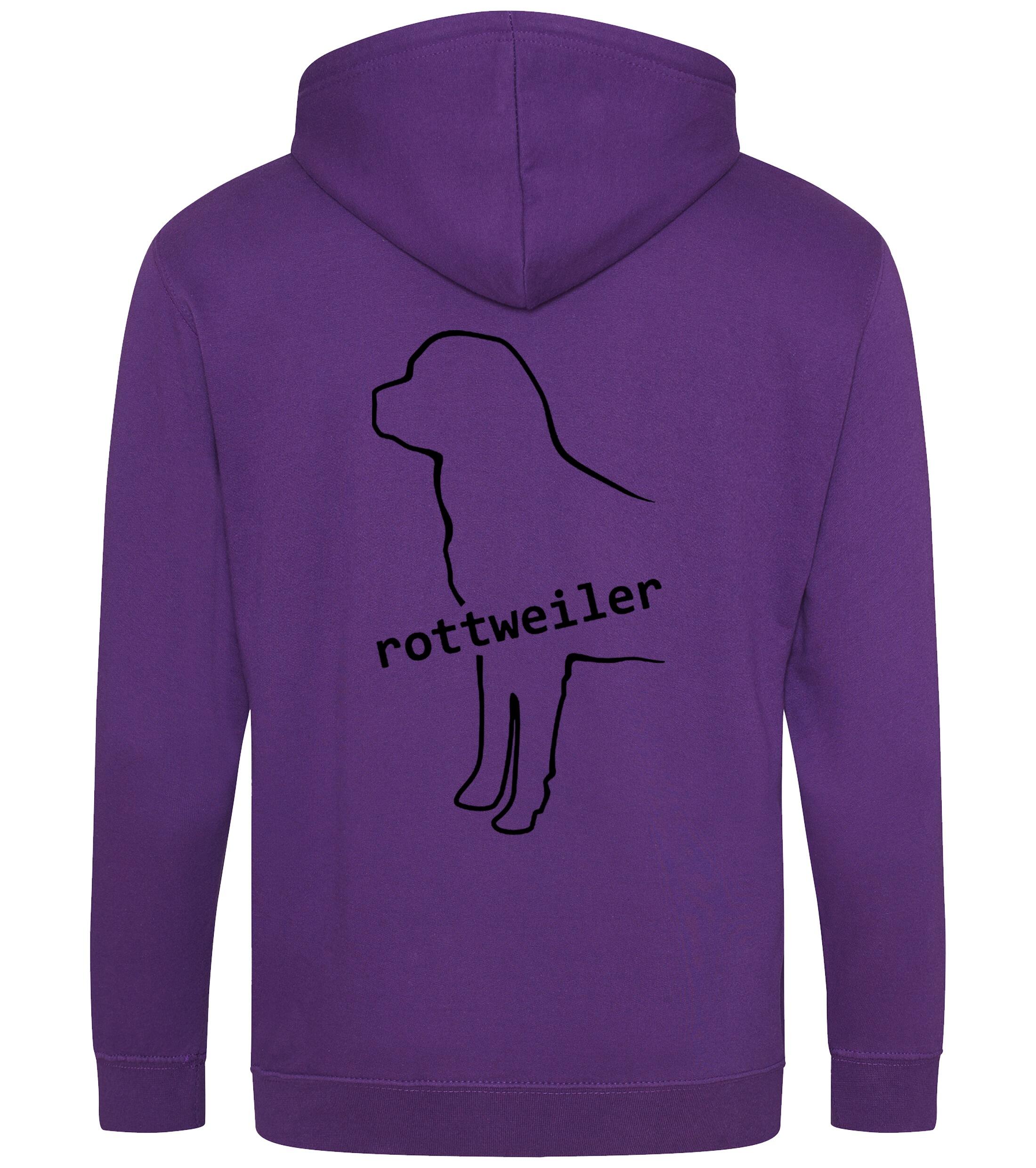 Rottweiler Zipped Hoodie featuring exclusive breed artwork, soft fleece interior, heavy-blend fabric, full-zip closure, double-fabric hood, spacious front pockets, and personalization options for breed enthusiasts.