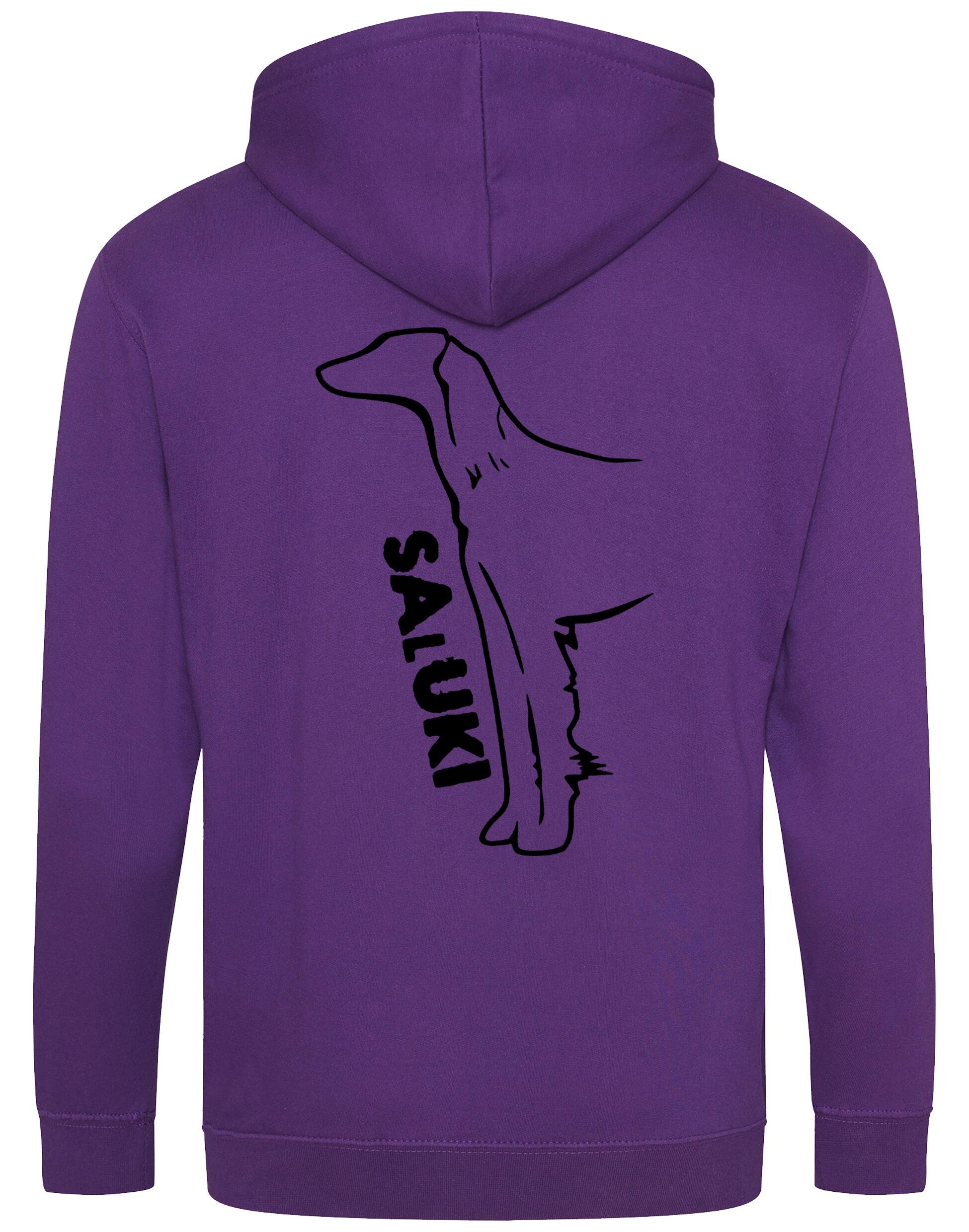 Saluki Zipped Hoodie featuring exclusive breed artwork, soft fleece interior, heavy-blend fabric, full-zip closure, double-fabric hood, spacious front pockets, and personalization options for breed enthusiasts.